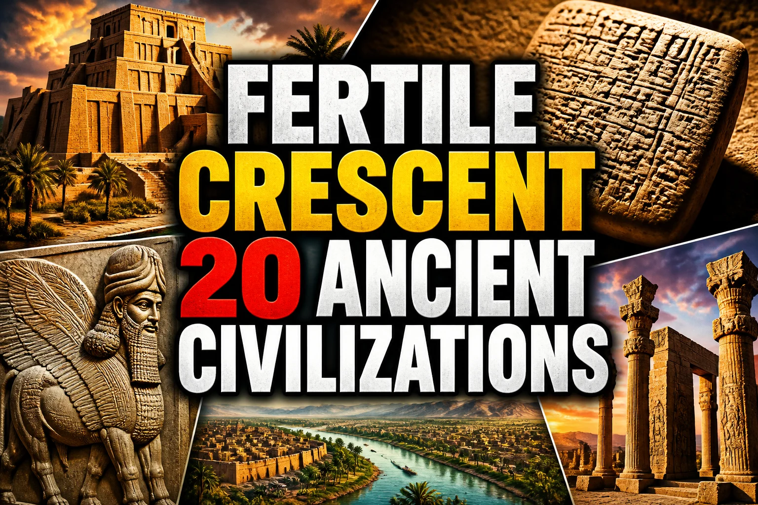 The Fertile Crescent: 20 Ancient Civilizations That Started Society As We Know It 2 A bold, high-impact blog featured image in the style of a professional YouTube thumbnail or documentary poster. Create a dramatic photo-collage montage of 3-5 distinct historical scenes, subjects, or artifacts directly relevant to "The Fertile Crescent: 20 Ancient Civilizations That Started Society As We Know It" — vivid, cinematic documentary-photography style, rich color grading, high contrast, dynamic diagonal composition blending the scenes together. Overlay a large, bold, stacked headline of text on top reading exactly: "FERTILE CRESCENT 20 ANCIENT CIVILIZATIONS". Render the headline in a heavy, condensed, high-contrast font with a black outline/stroke for legibility, mixing white text with a single vibrant accent color (gold, red, or orange) on the most important word or phrase for emphasis, spelled correctly. The headline text must be the dominant visual element — large, bold, and easy to read even at small thumbnail size. Vibrant, punchy, professional commercial photography and graphic-design composition. 16:9 landscape. Keep the headline text within the vertical center safe zone, away from the very top and bottom edges of the frame, since the image may be cropped afterward. No watermarks, no logos, no extra captions or invented text beyond the headline itself.