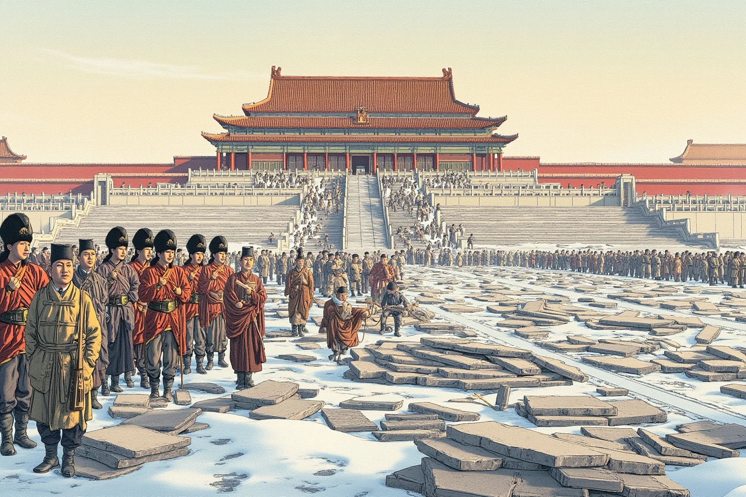 Why Monumental Architecture Usually Comes With a Brutal Human Cost 8 The Forbidden City in Beijing under construction, with Chinese laborers hauling massive stones on ice roads in winter, imperial guards watching, realistic historical illustration.