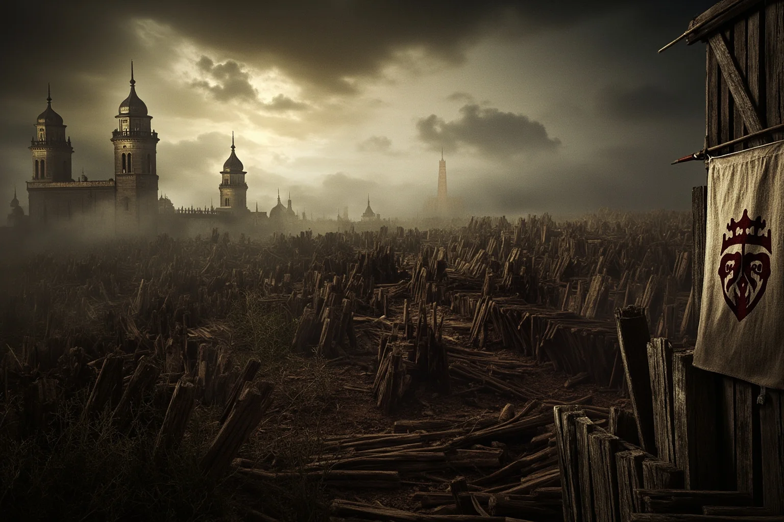 25 Times Historical Figures Predicted the End of the World 10 The fortified city of Münster under siege in the 1530s, wooden barricades and banners with a crown emblem, a dramatic storm-lit sky above the church towers.