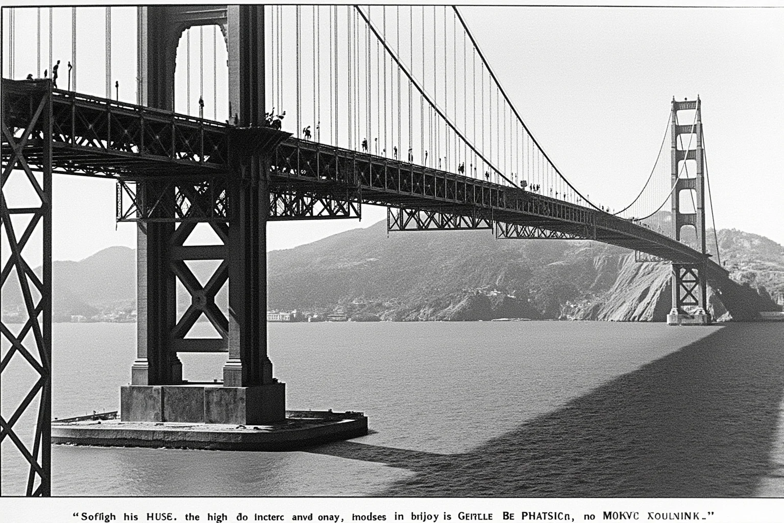 Why Monumental Architecture Usually Comes With a Brutal Human Cost 16 The Golden Gate Bridge under construction, with workers on scaffolding high above the bay, safety net below, 1930s San Francisco, realistic historical illustration.
