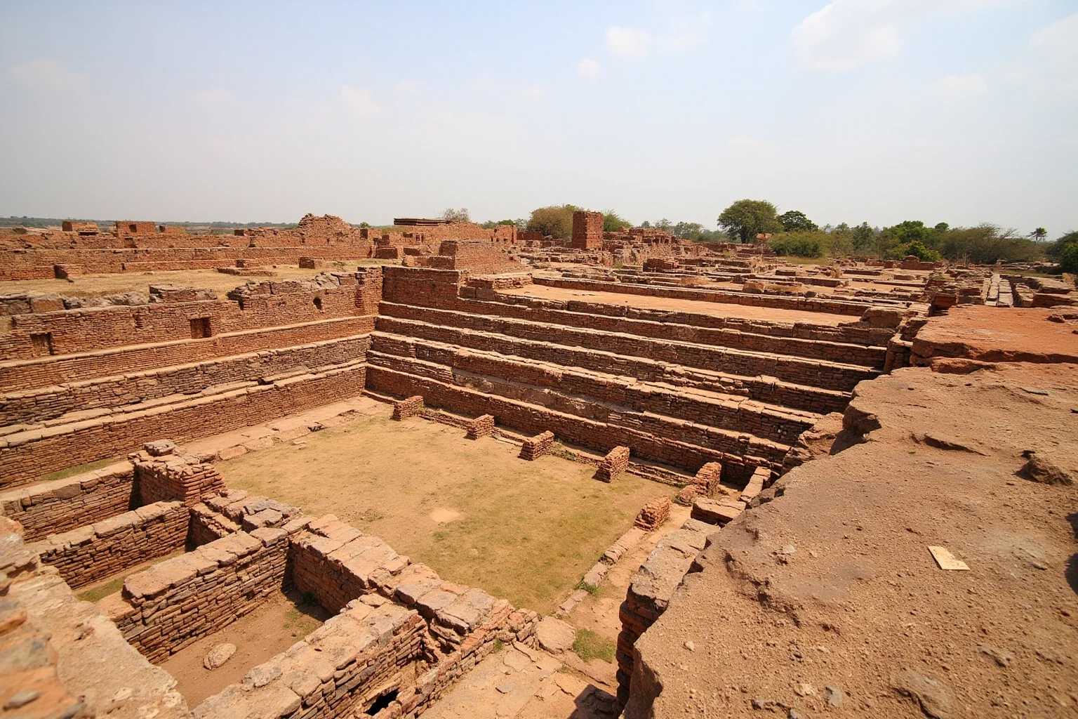 The Great Bath of Mohenjo-daro, brick ruins and drainage channels under a clear wide sky