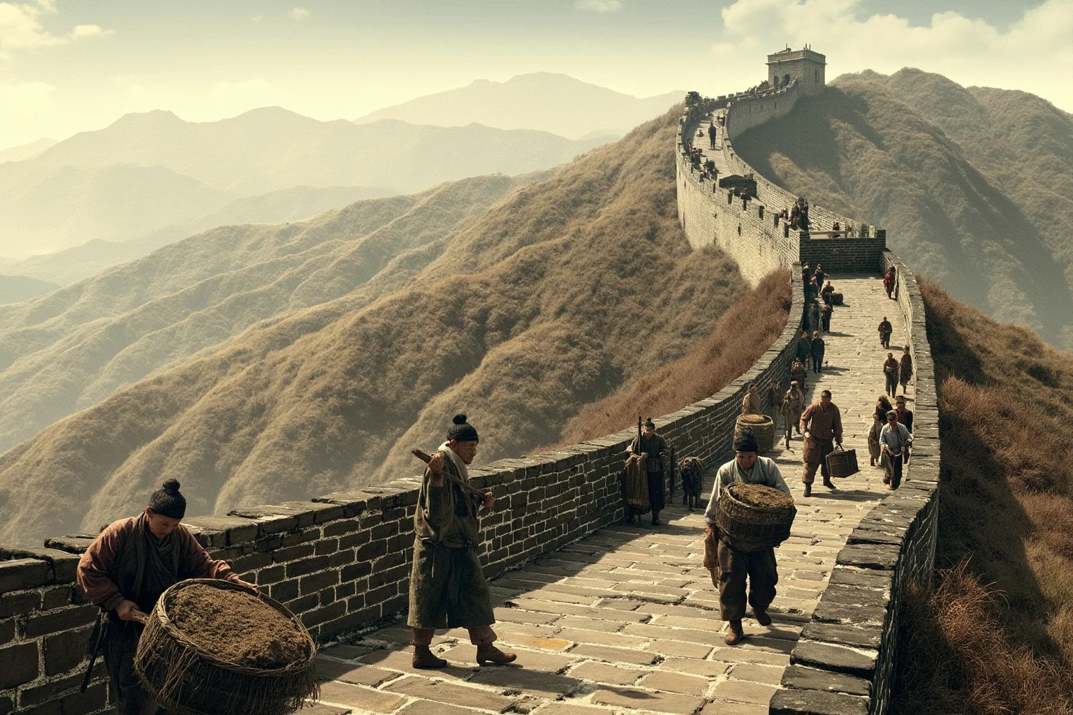 Why Monumental Architecture Usually Comes With a Brutal Human Cost 4 The Great Wall of China winding over mountains, with workers carrying stones and baskets of earth, harsh weather, ancient Chinese laborers in simple clothing, realistic historical illustration.