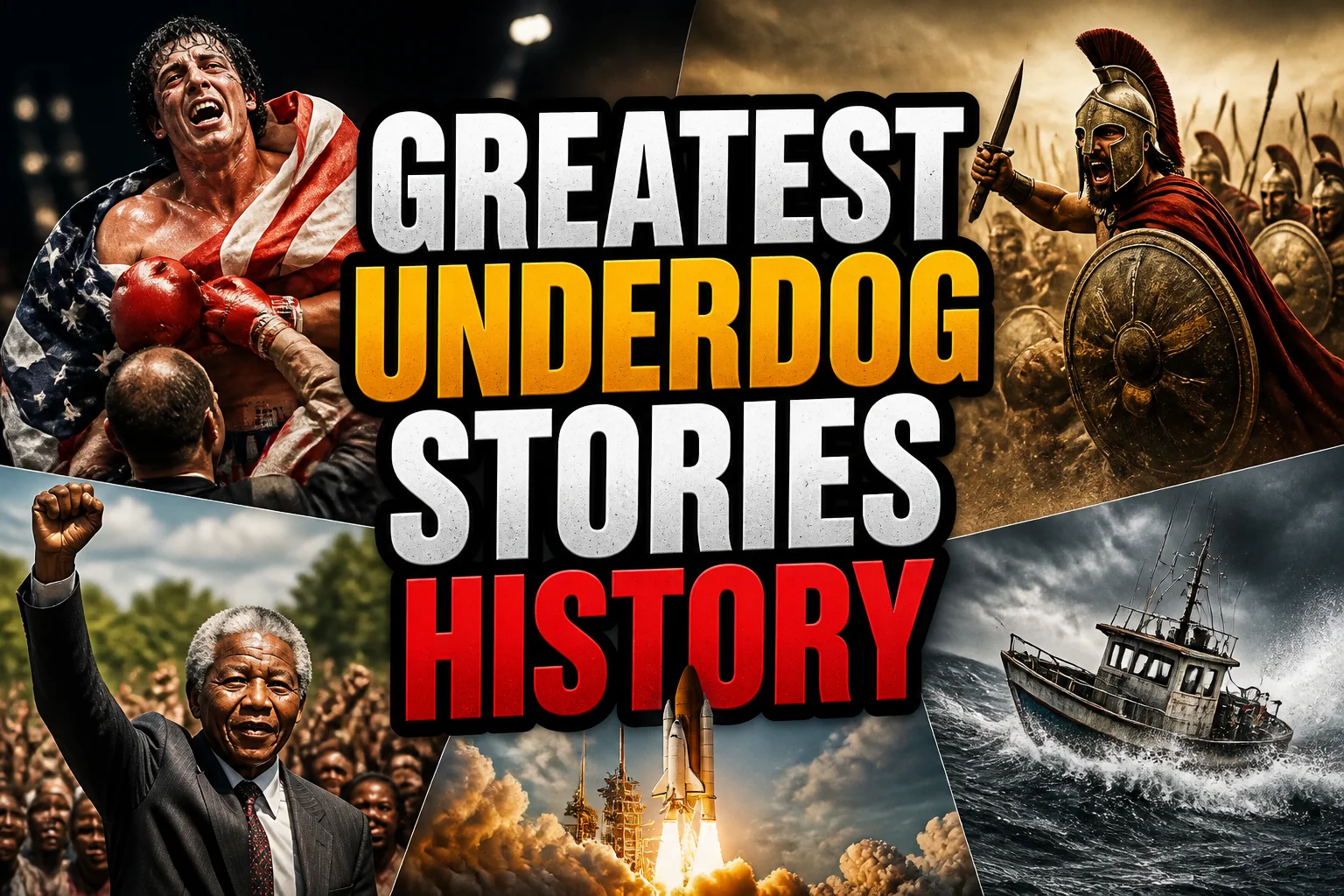 The Greatest Underdog Stories in History: 20 Unlikely Wins That Still Inspire 2 A bold, high-impact blog featured image in the style of a professional YouTube thumbnail or documentary poster. Create a dramatic photo-collage montage of 3-5 distinct historical scenes, subjects, or artifacts directly relevant to "The Greatest Underdog Stories in History: 20 Unlikely Wins That Still Inspire" — vivid, cinematic documentary-photography style, rich color grading, high contrast, dynamic diagonal composition blending the scenes together. Overlay a large, bold, stacked headline of text on top reading exactly: "GREATEST UNDERDOG STORIES HISTORY". Render the headline in a heavy, condensed, high-contrast font with a black outline/stroke for legibility, mixing white text with a single vibrant accent color (gold, red, or orange) on the most important word or phrase for emphasis, spelled correctly. The headline text must be the dominant visual element — large, bold, and easy to read even at small thumbnail size. Vibrant, punchy, professional commercial photography and graphic-design composition. 16:9 landscape. Keep the headline text within the vertical center safe zone, away from the very top and bottom edges of the frame, since the image may be cropped afterward. No watermarks, no logos, no extra captions or invented text beyond the headline itself.