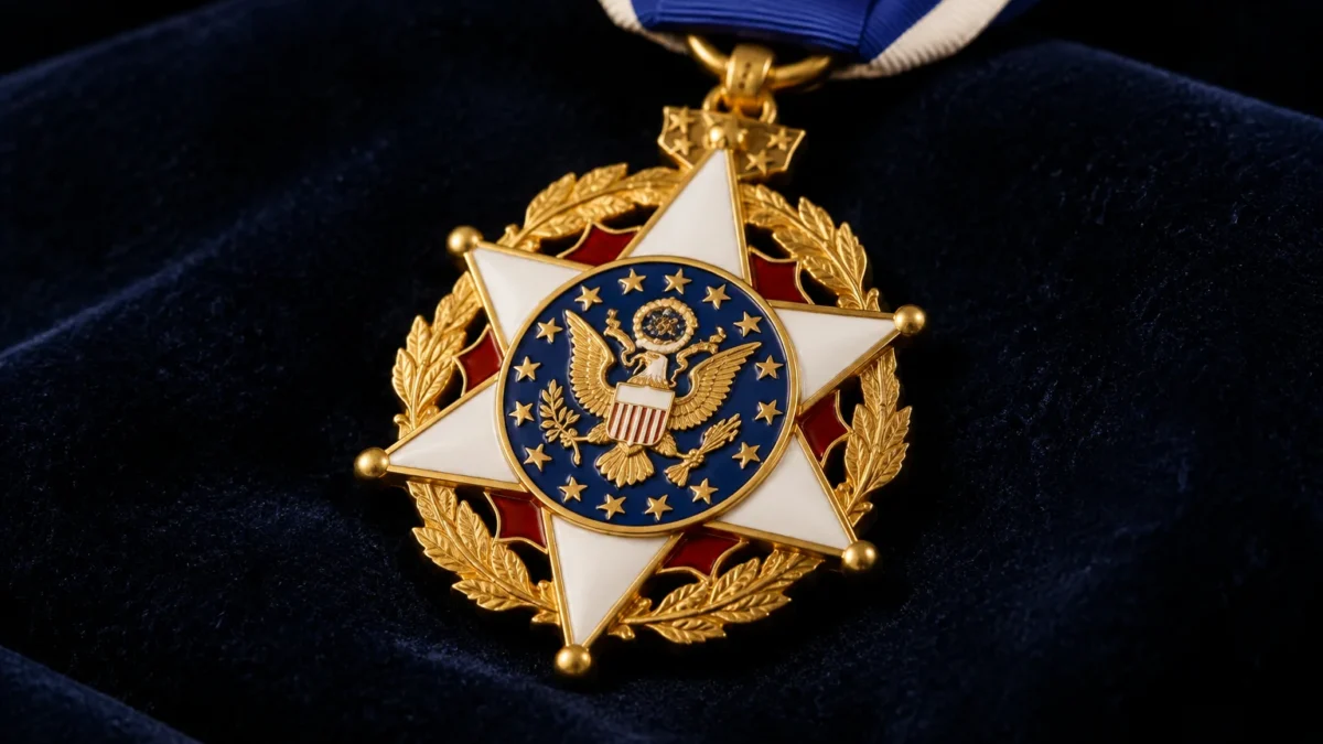 A close-up photograph of the Presidential Medal of Freedom resting on dark velvet, showing the white enamel star and gold eagle detail, with soft dramatic museum lighting.