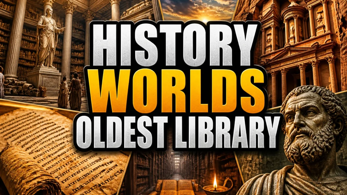A bold, high-impact blog featured image in the style of a professional YouTube thumbnail or documentary poster. Create a dramatic photo-collage montage of 3-5 distinct historical scenes, subjects, or artifacts directly relevant to "The History Behind the World's Oldest Library" — vivid, cinematic documentary-photography style, rich color grading, high contrast, dynamic diagonal composition blending the scenes together. Overlay a large, bold, stacked headline of text on top reading exactly: "HISTORY WORLDS OLDEST LIBRARY". Render the headline in a heavy, condensed, high-contrast font with a black outline/stroke for legibility, mixing white text with a single vibrant accent color (gold, red, or orange) on the most important word or phrase for emphasis, spelled correctly. The headline text must be the dominant visual element — large, bold, and easy to read even at small thumbnail size. Vibrant, punchy, professional commercial photography and graphic-design composition. 16:9 landscape. Keep the headline text within the vertical center safe zone, away from the very top and bottom edges of the frame, since the image may be cropped afterward. No watermarks, no logos, no extra captions or invented text beyond the headline itself.