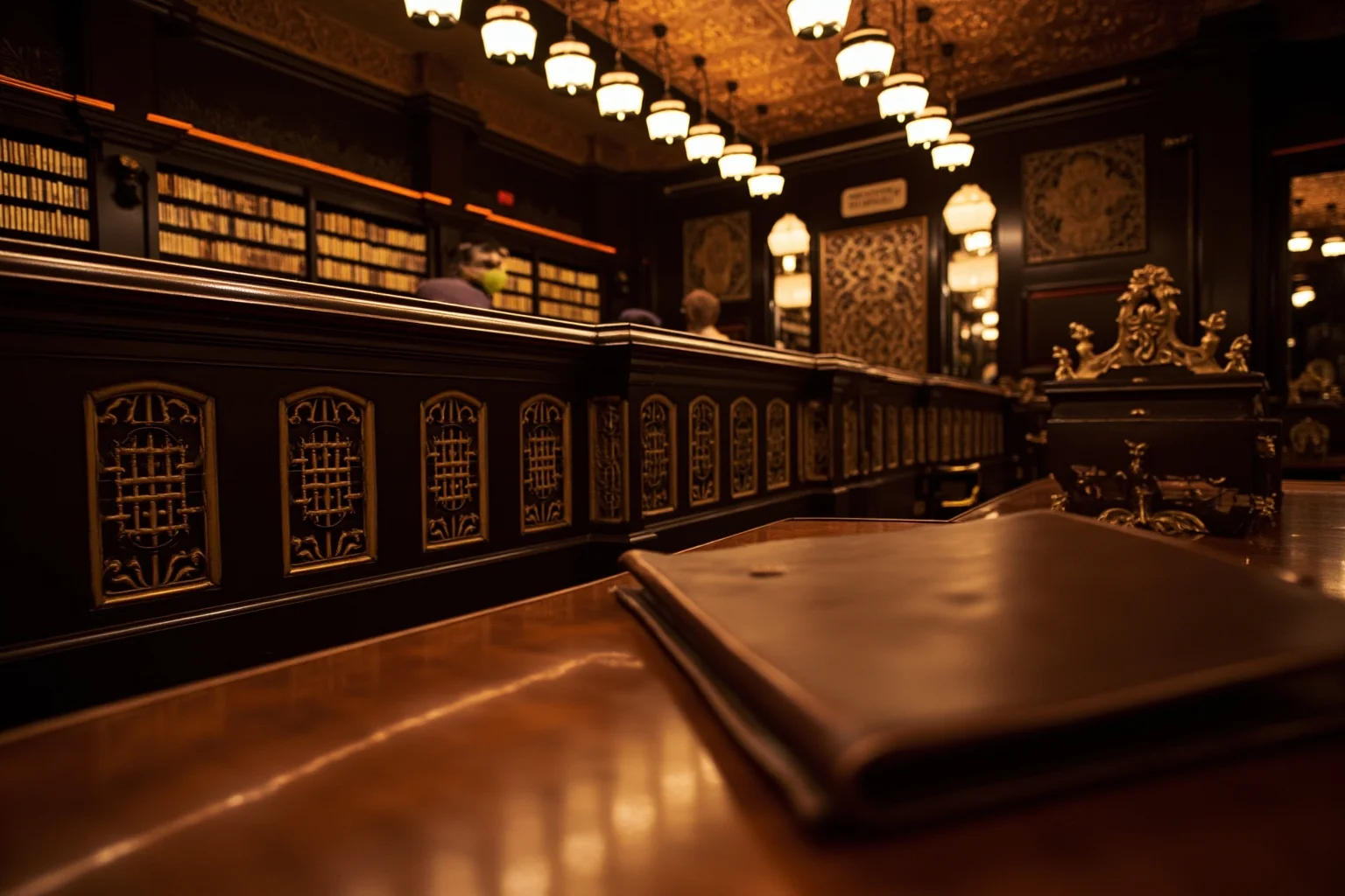 Old Money: 24 Hidden Dynasties That Shaped the Course of History 11 The interior of a historic British private bank with mahogany counters, brass grilles, and a leather-bound ledger, no people visible, warm lamplight, editorial photography.
