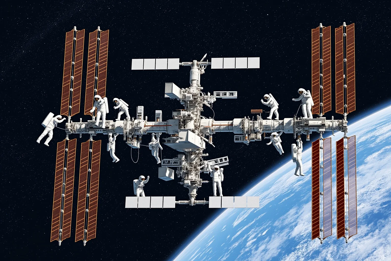 Why Monumental Architecture Usually Comes With a Brutal Human Cost 20 The International Space Station under construction, with astronauts on spacewalks assembling modules, Earth in background, realistic space illustration.