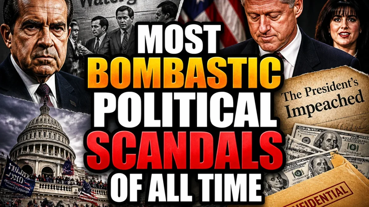 A bold, high-impact blog featured image in the style of a professional YouTube thumbnail or documentary poster. Create a dramatic photo-collage montage of 3-5 distinct historical scenes, subjects, or artifacts directly relevant to "The Most Bombastic Political Scandals Of All Time" — vivid, cinematic documentary-photography style, rich color grading, high contrast, dynamic diagonal composition blending the scenes together. Overlay a large, bold, stacked headline of text on top reading exactly: "MOST BOMBASTIC POLITICAL SCANDALS OF ALL TIME". Render the headline in a heavy, condensed, high-contrast font with a black outline/stroke for legibility, mixing white text with a single vibrant accent color (gold, red, or orange) on the most important word or phrase for emphasis, spelled correctly. The headline text must be the dominant visual element — large, bold, and easy to read even at small thumbnail size. Vibrant, punchy, professional commercial photography and graphic-design composition. 16:9 landscape. Keep the headline text within the vertical center safe zone, away from the very top and bottom edges of the frame, since the image may be cropped afterward. No watermarks, no logos, no extra captions or invented text beyond the headline itself.