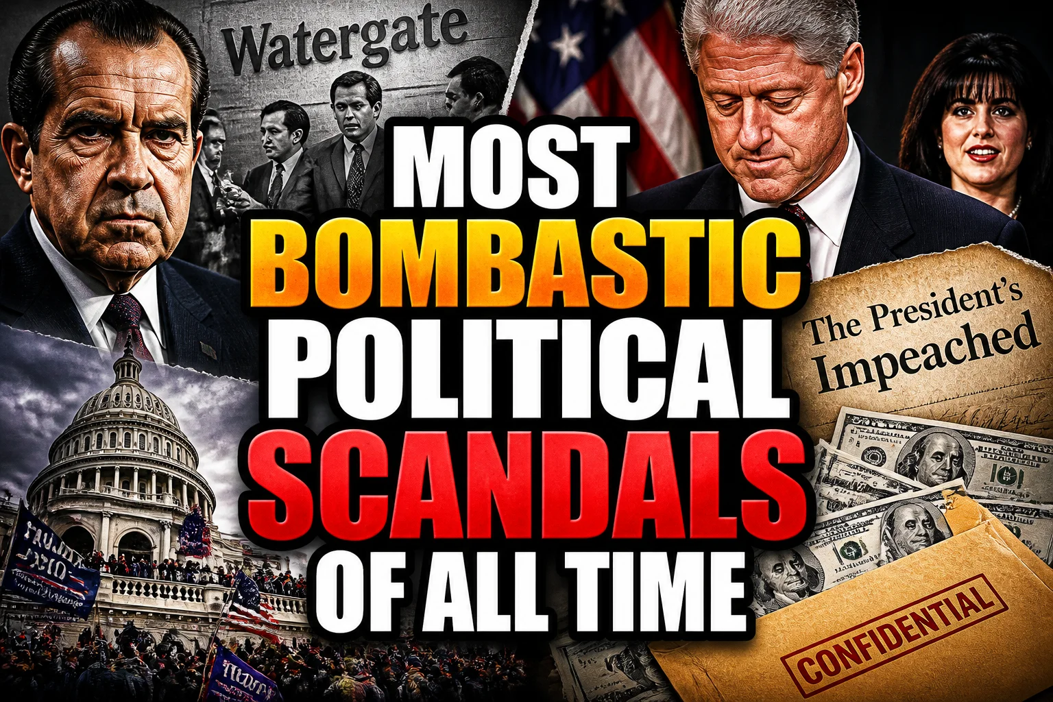 A bold, high-impact blog featured image in the style of a professional YouTube thumbnail or documentary poster. Create a dramatic photo-collage montage of 3-5 distinct historical scenes, subjects, or artifacts directly relevant to "The Most Bombastic Political Scandals Of All Time" — vivid, cinematic documentary-photography style, rich color grading, high contrast, dynamic diagonal composition blending the scenes together. Overlay a large, bold, stacked headline of text on top reading exactly: "MOST BOMBASTIC POLITICAL SCANDALS OF ALL TIME". Render the headline in a heavy, condensed, high-contrast font with a black outline/stroke for legibility, mixing white text with a single vibrant accent color (gold, red, or orange) on the most important word or phrase for emphasis, spelled correctly. The headline text must be the dominant visual element — large, bold, and easy to read even at small thumbnail size. Vibrant, punchy, professional commercial photography and graphic-design composition. 16:9 landscape. Keep the headline text within the vertical center safe zone, away from the very top and bottom edges of the frame, since the image may be cropped afterward. No watermarks, no logos, no extra captions or invented text beyond the headline itself.