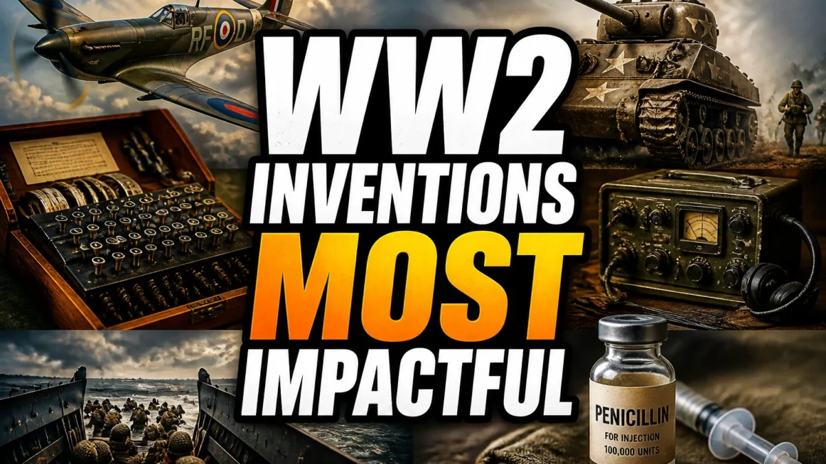 A bold, high-impact blog featured image in the style of a professional YouTube thumbnail or documentary poster. Create a dramatic photo-collage montage of 3-5 distinct historical scenes, subjects, or artifacts directly relevant to "The Most Impactful WW2 Inventions and How They Changed the World" — vivid, cinematic documentary-photography style, rich color grading, high contrast, dynamic diagonal composition blending the scenes together. Overlay a large, bold, stacked headline of text on top reading exactly: "WW2 INVENTIONS MOST IMPACTFUL". Render the headline in a heavy, condensed, high-contrast font with a black outline/stroke for legibility, mixing white text with a single vibrant accent color (gold, red, or orange) on the most important word or phrase for emphasis, spelled correctly. The headline text must be the dominant visual element — large, bold, and easy to read even at small thumbnail size. Vibrant, punchy, professional commercial photography and graphic-design composition. 16:9 landscape. Keep the headline text within the vertical center safe zone, away from the very top and bottom edges of the frame, since the image may be cropped afterward. No watermarks, no logos, no extra captions or invented text beyond the headline itself.