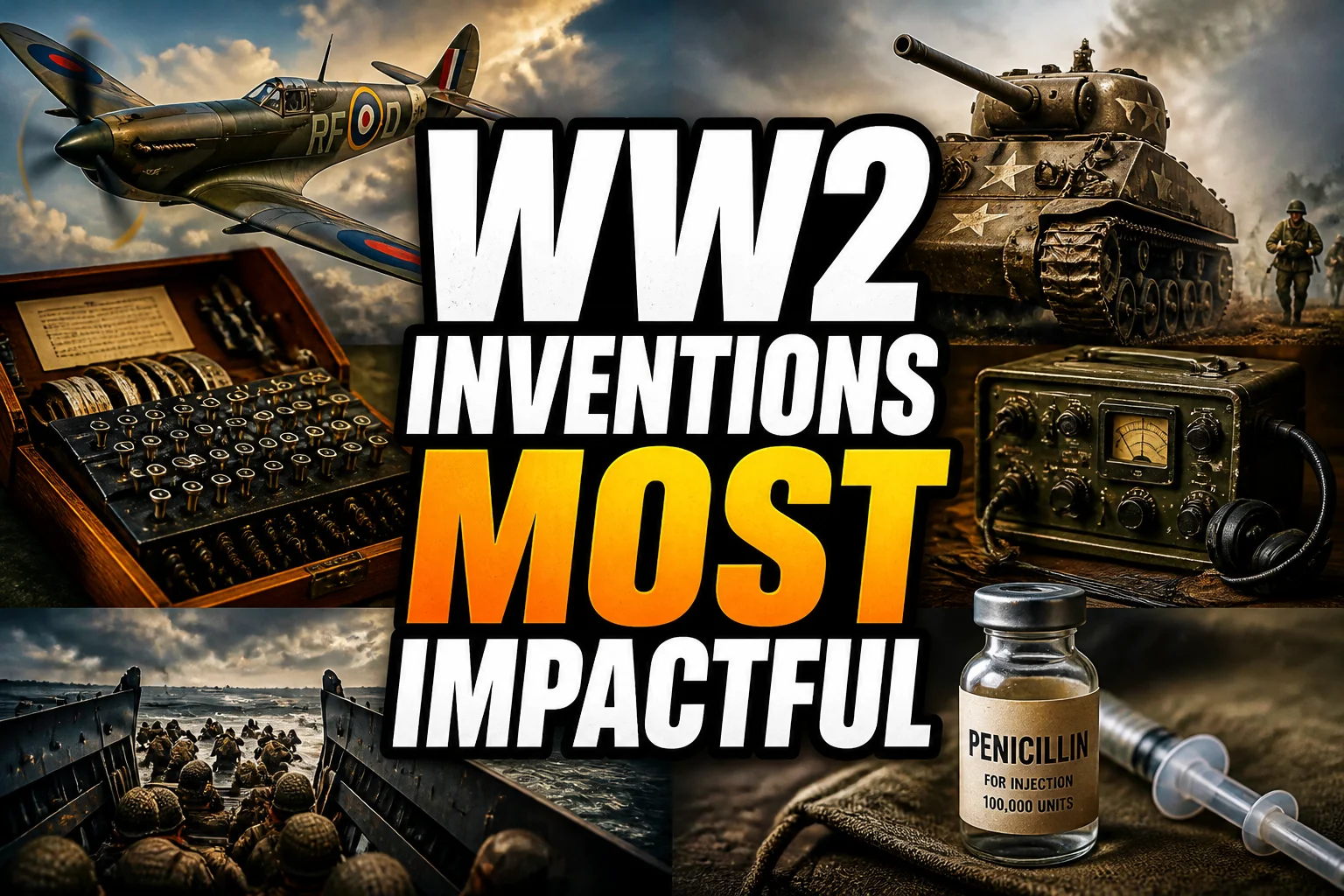 A bold, high-impact blog featured image in the style of a professional YouTube thumbnail or documentary poster. Create a dramatic photo-collage montage of 3-5 distinct historical scenes, subjects, or artifacts directly relevant to "The Most Impactful WW2 Inventions and How They Changed the World" — vivid, cinematic documentary-photography style, rich color grading, high contrast, dynamic diagonal composition blending the scenes together. Overlay a large, bold, stacked headline of text on top reading exactly: "WW2 INVENTIONS MOST IMPACTFUL". Render the headline in a heavy, condensed, high-contrast font with a black outline/stroke for legibility, mixing white text with a single vibrant accent color (gold, red, or orange) on the most important word or phrase for emphasis, spelled correctly. The headline text must be the dominant visual element — large, bold, and easy to read even at small thumbnail size. Vibrant, punchy, professional commercial photography and graphic-design composition. 16:9 landscape. Keep the headline text within the vertical center safe zone, away from the very top and bottom edges of the frame, since the image may be cropped afterward. No watermarks, no logos, no extra captions or invented text beyond the headline itself.