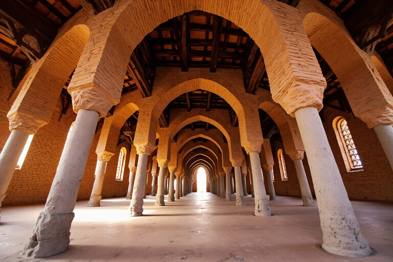 The mud-brick Djinguereber Mosque in Timbuktu, Mali, with wooden support beams and desert light