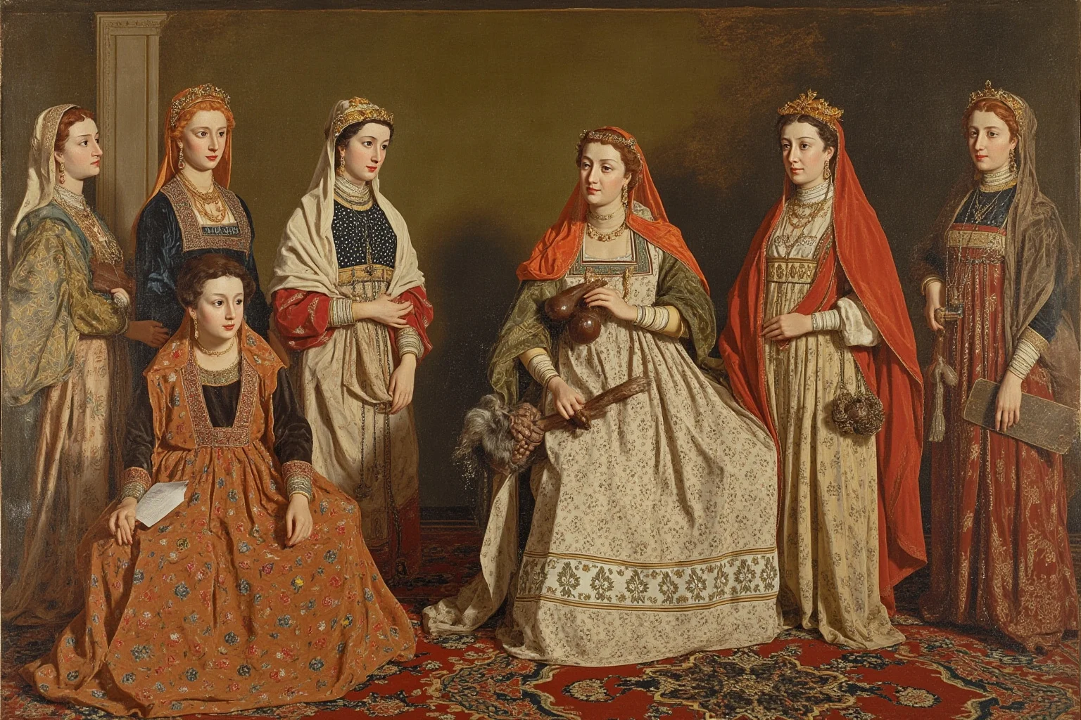 The Mughal emperor Shah Jahan's other wives in a stylized court scene