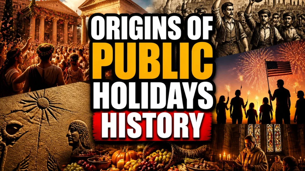 A bold, high-impact blog featured image in the style of a professional YouTube thumbnail or documentary poster. Create a dramatic photo-collage montage of 3-5 distinct historical scenes, subjects, or artifacts directly relevant to "The Origins of Public Holidays and How They Began" — vivid, cinematic documentary-photography style, rich color grading, high contrast, dynamic diagonal composition blending the scenes together. Overlay a large, bold, stacked headline of text on top reading exactly: "ORIGINS OF PUBLIC HOLIDAYS HISTORY". Render the headline in a heavy, condensed, high-contrast font with a black outline/stroke for legibility, mixing white text with a single vibrant accent color (gold, red, or orange) on the most important word or phrase for emphasis, spelled correctly. The headline text must be the dominant visual element — large, bold, and easy to read even at small thumbnail size. Vibrant, punchy, professional commercial photography and graphic-design composition. 16:9 landscape. Keep the headline text within the vertical center safe zone, away from the very top and bottom edges of the frame, since the image may be cropped afterward. No watermarks, no logos, no extra captions or invented text beyond the headline itself.