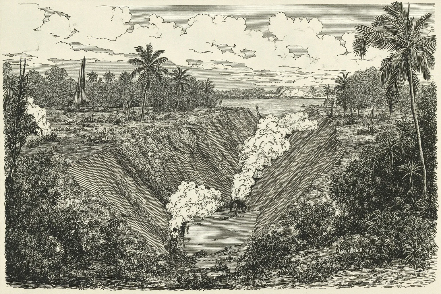 Why Monumental Architecture Usually Comes With a Brutal Human Cost 10 The Panama Canal under construction, with workers digging through jungle, steam shovels, and workers suffering from disease, early 20th century setting, realistic historical illustration.