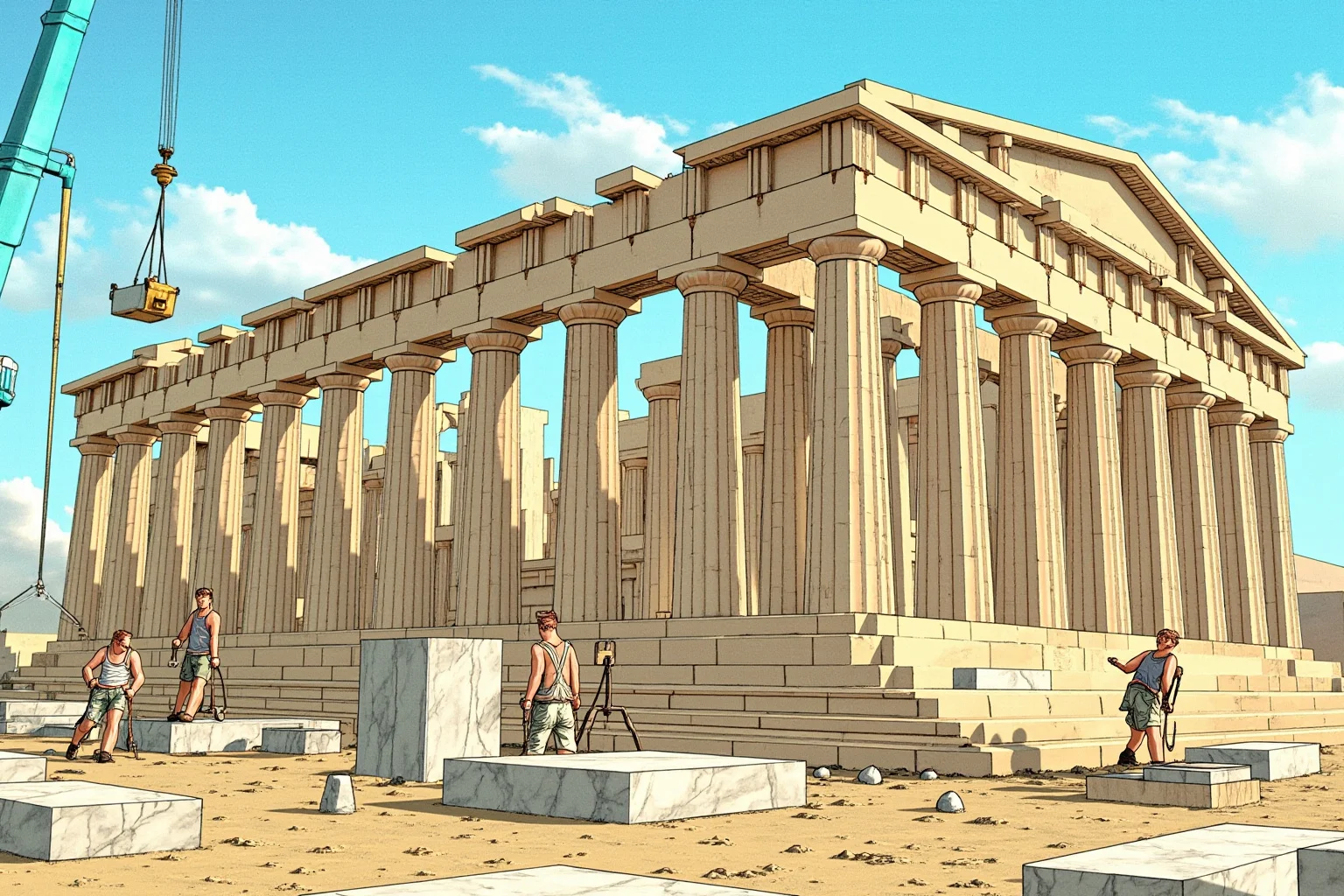 Why Monumental Architecture Usually Comes With a Brutal Human Cost 6 The Parthenon in Athens under construction, with Greek workers lifting marble blocks using cranes and pulleys, classical Greek architecture, sunny Mediterranean setting, realistic historical illustration.