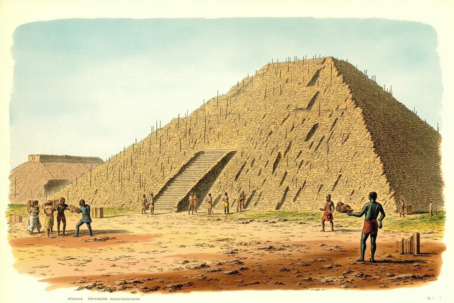Why Monumental Architecture Usually Comes With a Brutal Human Cost 9 The Pyramids of Teotihuacan in Mexico under construction, with ancient Mesoamerican workers carrying stones and building steps, arid landscape, realistic historical illustration.