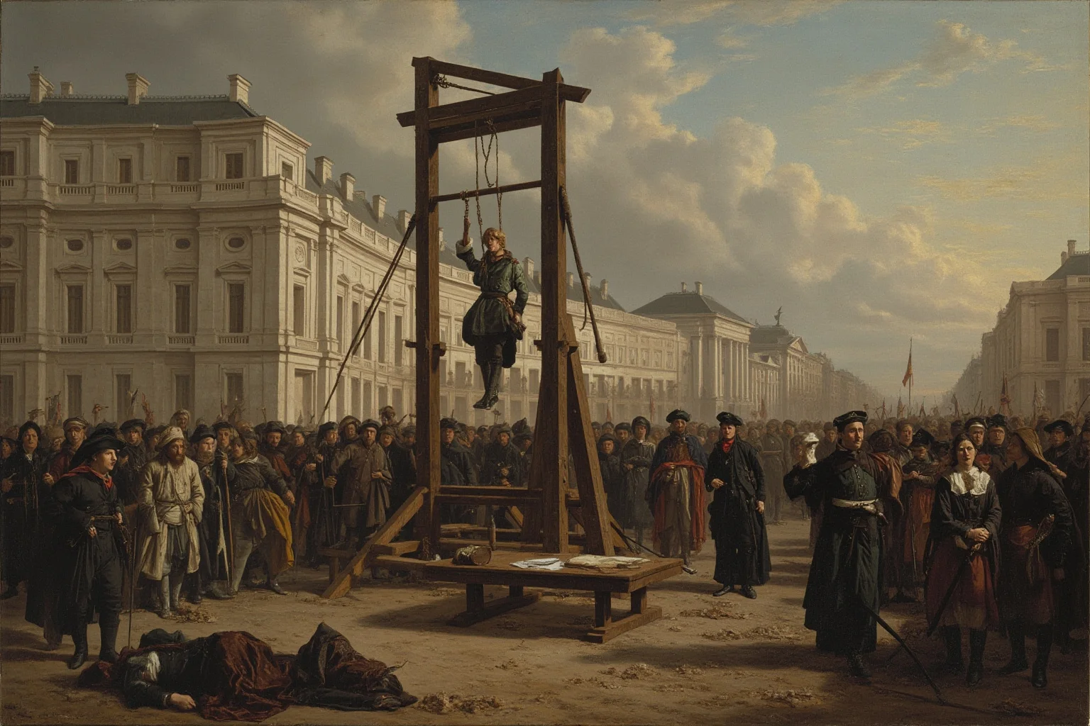 Fascinating Facts About The French Revolution 8 The Reign of Terror: a guillotine in Place de la Révolution with executions taking place, somber mood, historical art.