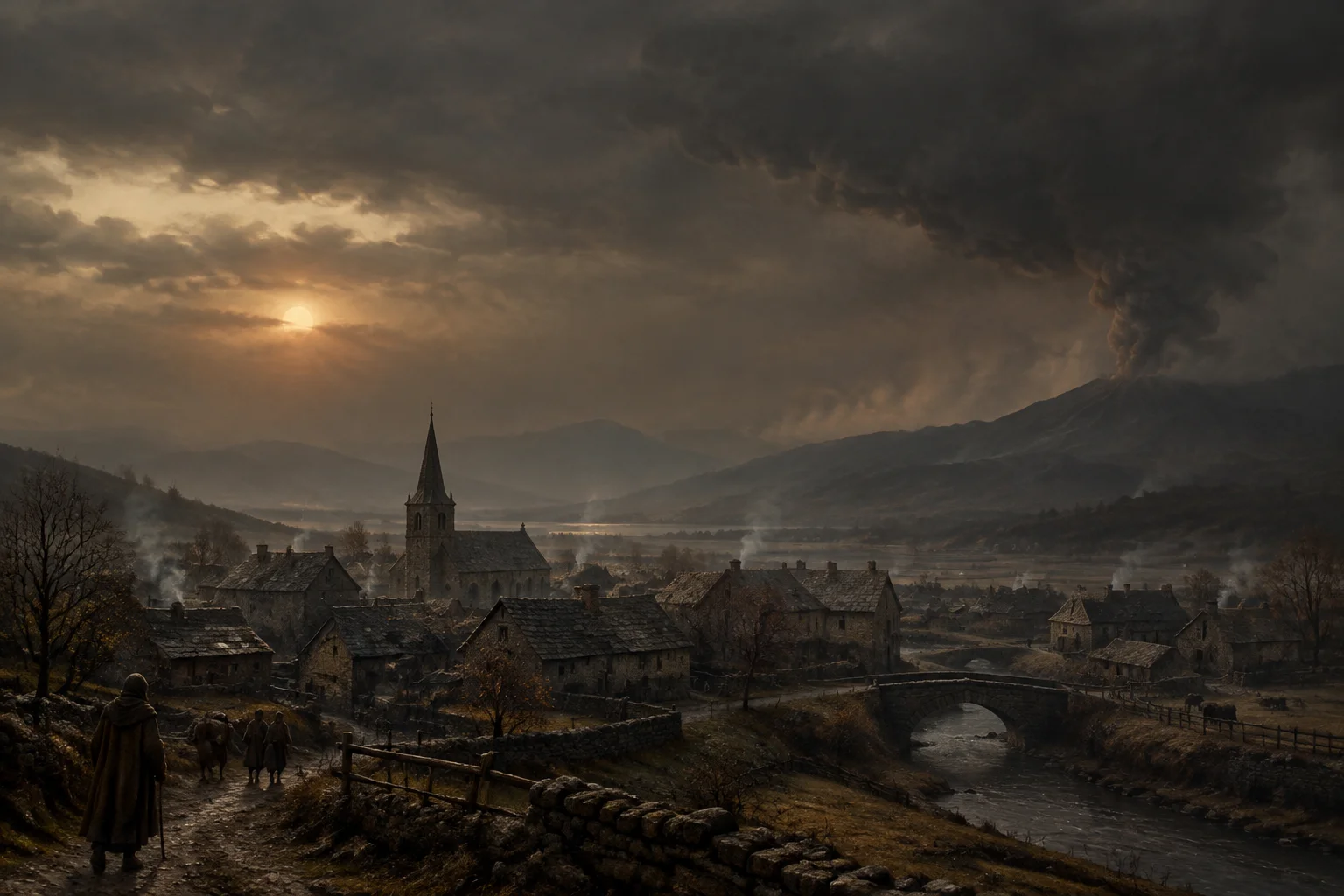 The Single Worst Time Period in Human History? What the Evidence Actually Shows 2 Darkened sky over a medieval European village with dimmed sun during the 536 volcanic winter, muted earthy tones, dramatic atmospheric haze.