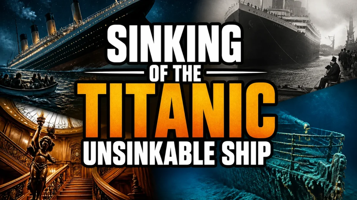 A bold, high-impact blog featured image in the style of a professional YouTube thumbnail or documentary poster. Create a dramatic photo-collage montage of 3-5 distinct historical scenes, subjects, or artifacts directly relevant to "The Sinking of the Titanic: How the Unsinkable Ship Fell to the Ocean Floor" — vivid, cinematic documentary-photography style, rich color grading, high contrast, dynamic diagonal composition blending the scenes together. Overlay a large, bold, stacked headline of text on top reading exactly: "SINKING OF THE TITANIC UNSINKABLE SHIP". Render the headline in a heavy, condensed, high-contrast font with a black outline/stroke for legibility, mixing white text with a single vibrant accent color (gold, red, or orange) on the most important word or phrase for emphasis, spelled correctly. The headline text must be the dominant visual element — large, bold, and easy to read even at small thumbnail size. Vibrant, punchy, professional commercial photography and graphic-design composition. 16:9 landscape. Keep the headline text within the vertical center safe zone, away from the very top and bottom edges of the frame, since the image may be cropped afterward. No watermarks, no logos, no extra captions or invented text beyond the headline itself.