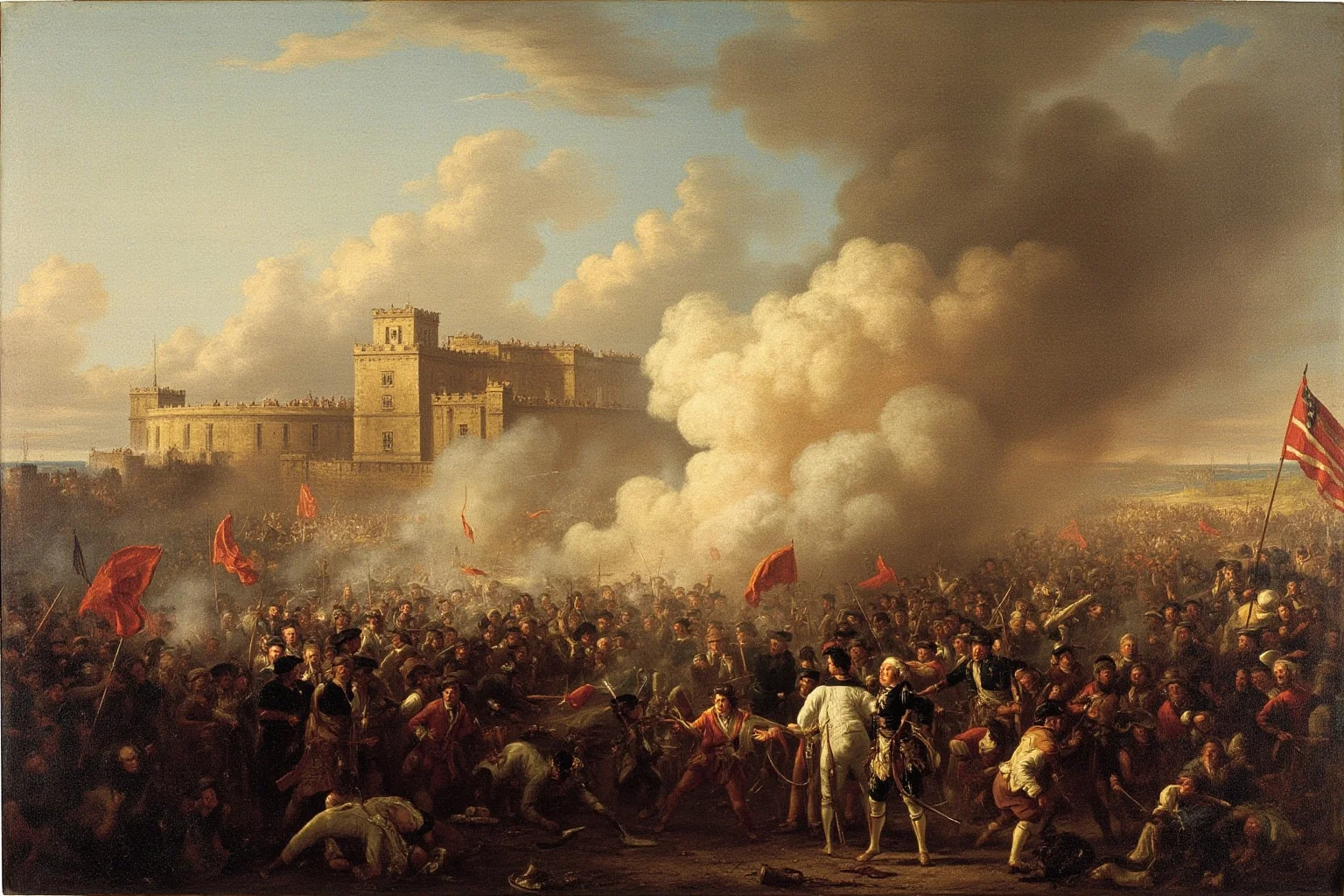 Fascinating Facts About The French Revolution 3 The storming of the Bastille on July 14, 1789, with a crowd of revolutionaries, smoke, and the fortress in the background, historical art.