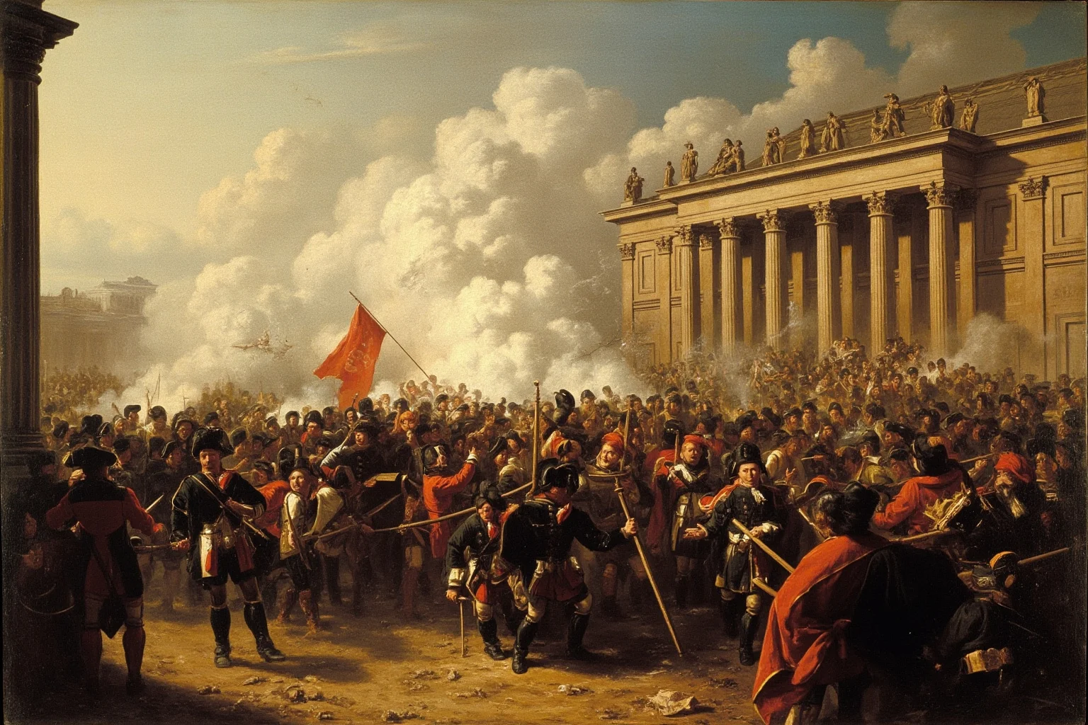 Fascinating Facts About The French Revolution 14 The storming of the Tuileries Palace on August 10, 1792, with mob and royal guards, dramatic historical art.