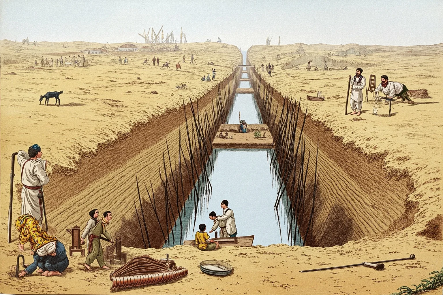 Why Monumental Architecture Usually Comes With a Brutal Human Cost 13 The Suez Canal under construction, with Egyptian forced laborers digging with hand tools, desert setting, 19th century, realistic historical illustration.