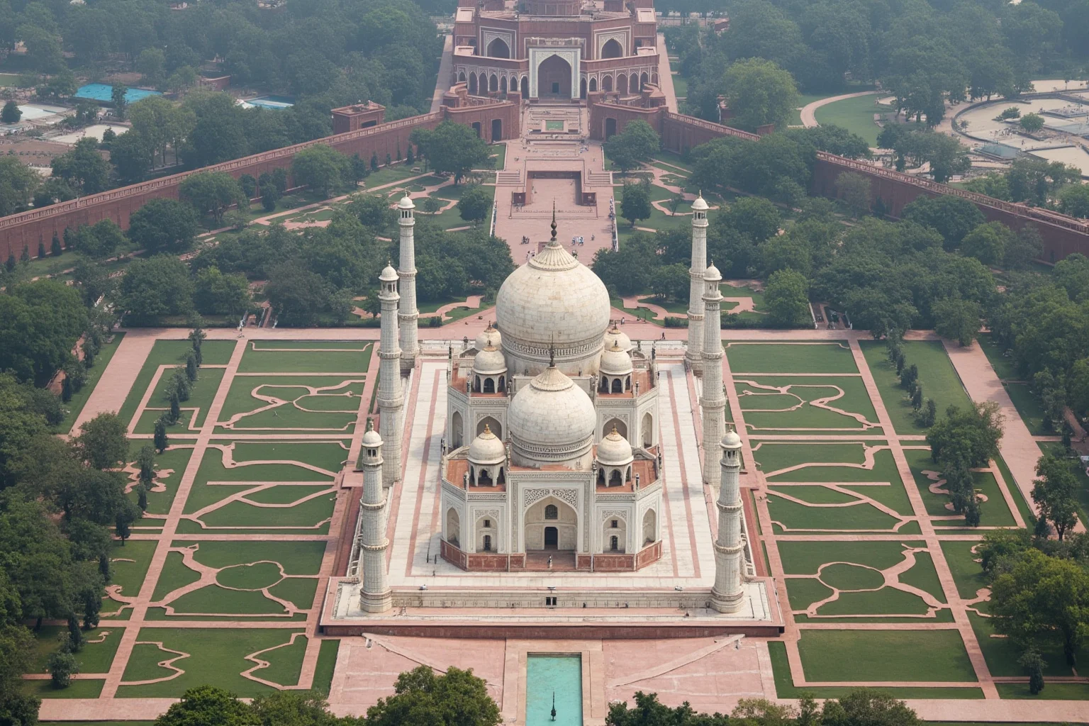 The Taj Mahal complex with gardens, mosque, and gateway, seen from above