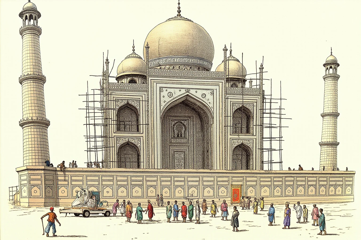Why Monumental Architecture Usually Comes With a Brutal Human Cost 7 The Taj Mahal in India under construction, with Mughal workers carving marble and inlaying precious stones, scaffolding surrounding the dome, realistic historical illustration.