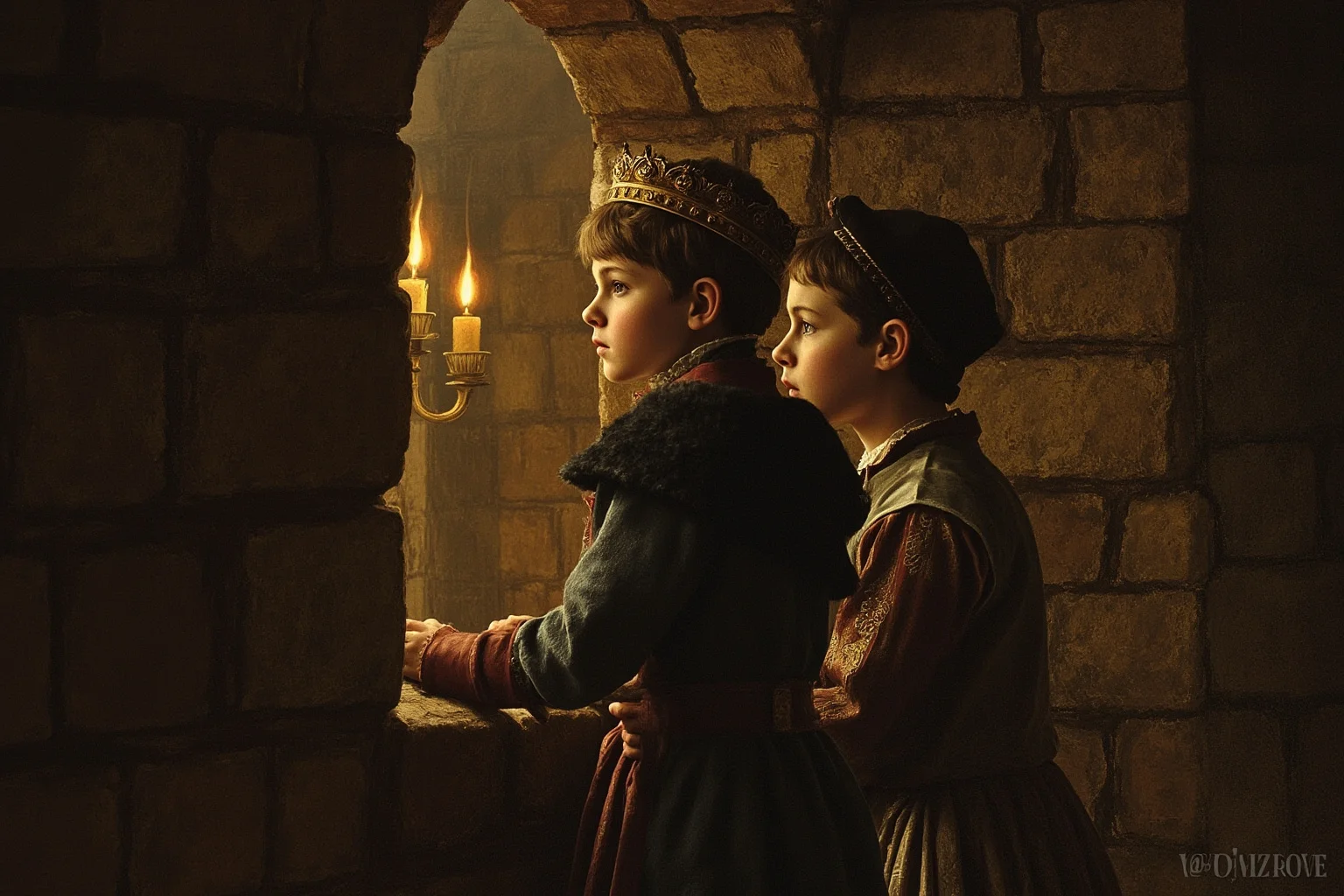 Scariest Missing Persons Cases in History: 20 Creepy Disappearances That Still Baffle Us 9 The Tower of London in the 15th century, two young boys in royal clothing looking out a window, stone walls, candlelight, historical painting style.