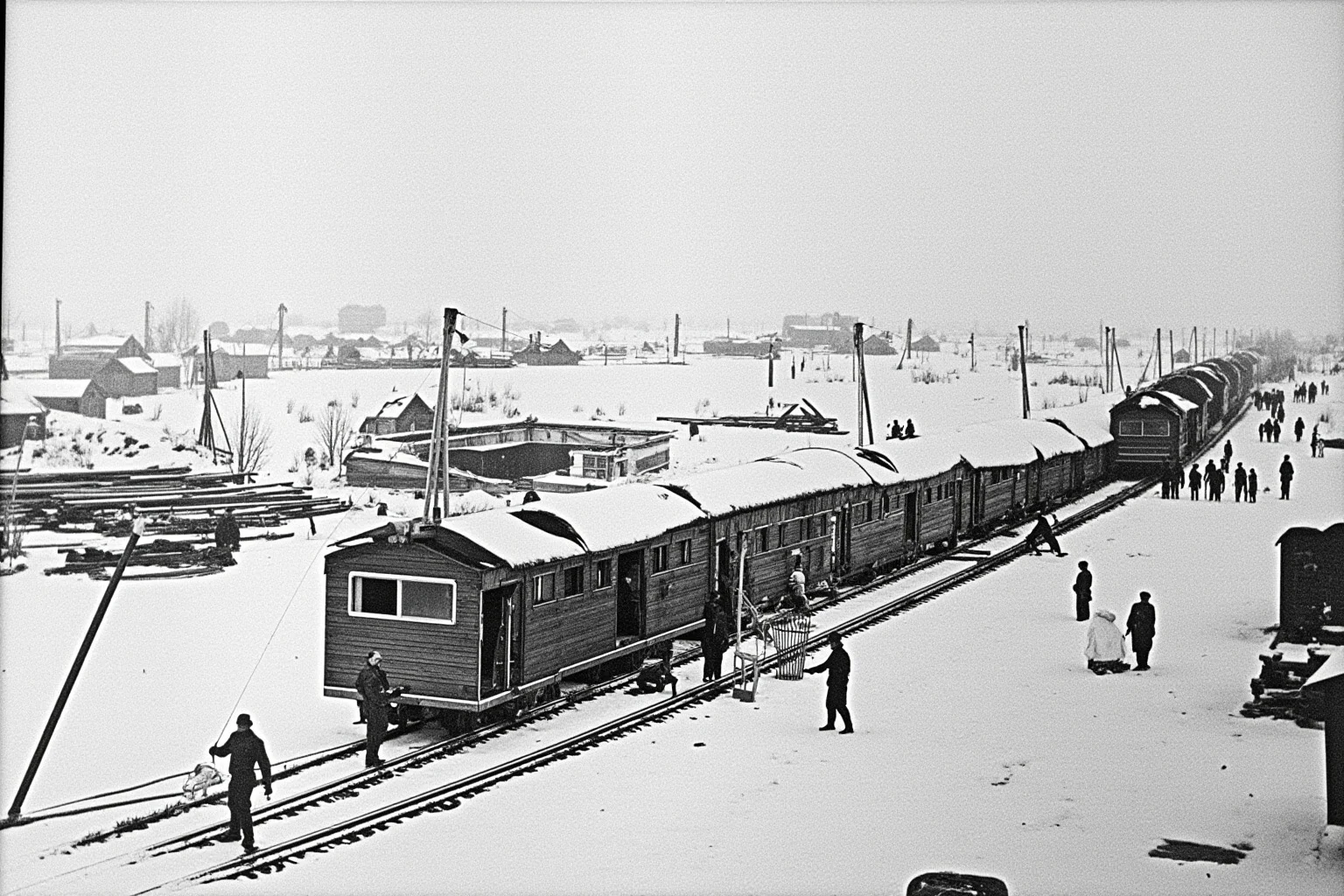 Why Monumental Architecture Usually Comes With a Brutal Human Cost 11 The Trans-Siberian Railway under construction, with workers laying tracks in snowy Siberian landscape, harsh conditions, late 19th century, realistic historical illustration.