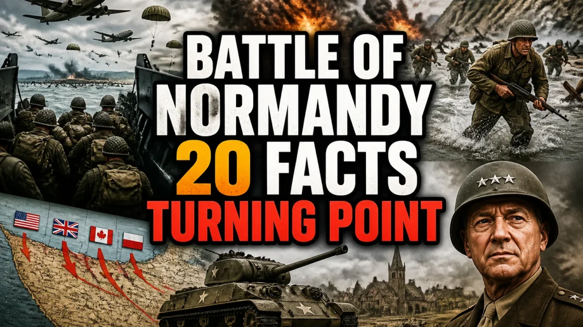 A bold, high-impact blog featured image in the style of a professional YouTube thumbnail or documentary poster. Create a dramatic photo-collage montage of 3-5 distinct historical scenes, subjects, or artifacts directly relevant to "The Turning Point? 20 Facts About the Battle of Normandy" — vivid, cinematic documentary-photography style, rich color grading, high contrast, dynamic diagonal composition blending the scenes together. Overlay a large, bold, stacked headline of text on top reading exactly: "BATTLE OF NORMANDY 20 FACTS TURNING POINT". Render the headline in a heavy, condensed, high-contrast font with a black outline/stroke for legibility, mixing white text with a single vibrant accent color (gold, red, or orange) on the most important word or phrase for emphasis, spelled correctly. The headline text must be the dominant visual element — large, bold, and easy to read even at small thumbnail size. Vibrant, punchy, professional commercial photography and graphic-design composition. 16:9 landscape. Keep the headline text within the vertical center safe zone, away from the very top and bottom edges of the frame, since the image may be cropped afterward. No watermarks, no logos, no extra captions or invented text beyond the headline itself.
