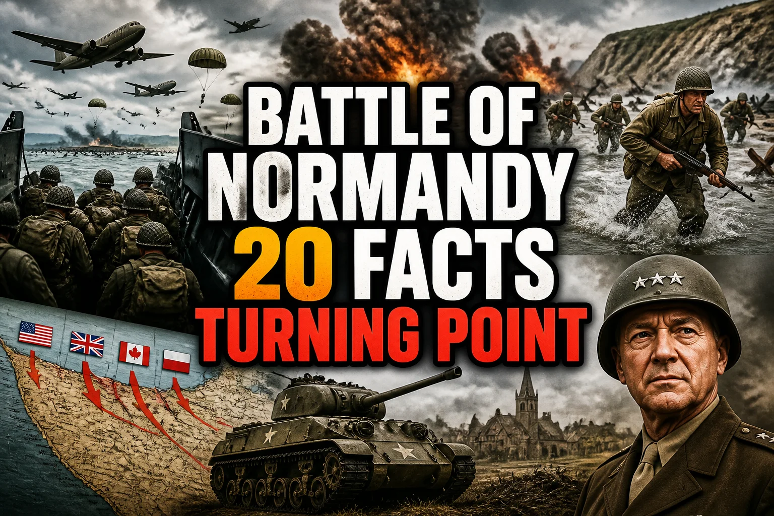 The Turning Point? 20 Facts About the Battle of Normandy 2 A bold, high-impact blog featured image in the style of a professional YouTube thumbnail or documentary poster. Create a dramatic photo-collage montage of 3-5 distinct historical scenes, subjects, or artifacts directly relevant to "The Turning Point? 20 Facts About the Battle of Normandy" — vivid, cinematic documentary-photography style, rich color grading, high contrast, dynamic diagonal composition blending the scenes together. Overlay a large, bold, stacked headline of text on top reading exactly: "BATTLE OF NORMANDY 20 FACTS TURNING POINT". Render the headline in a heavy, condensed, high-contrast font with a black outline/stroke for legibility, mixing white text with a single vibrant accent color (gold, red, or orange) on the most important word or phrase for emphasis, spelled correctly. The headline text must be the dominant visual element — large, bold, and easy to read even at small thumbnail size. Vibrant, punchy, professional commercial photography and graphic-design composition. 16:9 landscape. Keep the headline text within the vertical center safe zone, away from the very top and bottom edges of the frame, since the image may be cropped afterward. No watermarks, no logos, no extra captions or invented text beyond the headline itself.