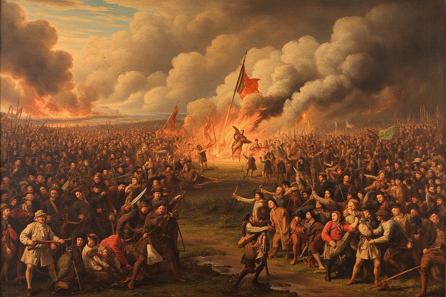 Fascinating Facts About The French Revolution 18 The Vendée uprising: counter-revolutionary peasants fighting republican soldiers, with burning villages, historical art.
