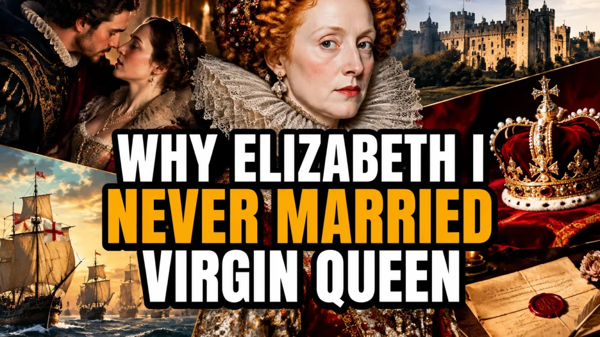 A bold, high-impact blog featured image in the style of a professional YouTube thumbnail or documentary poster. Create a dramatic photo-collage montage of 3-5 distinct historical scenes, subjects, or artifacts directly relevant to "The Virgin Queen: Why Elizabeth I Never Married" — vivid, cinematic documentary-photography style, rich color grading, high contrast, dynamic diagonal composition blending the scenes together. Overlay a large, bold, stacked headline of text on top reading exactly: "WHY ELIZABETH I NEVER MARRIED VIRGIN QUEEN". Render the headline in a heavy, condensed, high-contrast font with a black outline/stroke for legibility, mixing white text with a single vibrant accent color (gold, red, or orange) on the most important word or phrase for emphasis, spelled correctly. The headline text must be the dominant visual element — large, bold, and easy to read even at small thumbnail size. Vibrant, punchy, professional commercial photography and graphic-design composition. 16:9 landscape. Keep the headline text within the vertical center safe zone, away from the very top and bottom edges of the frame, since the image may be cropped afterward. No watermarks, no logos, no extra captions or invented text beyond the headline itself.