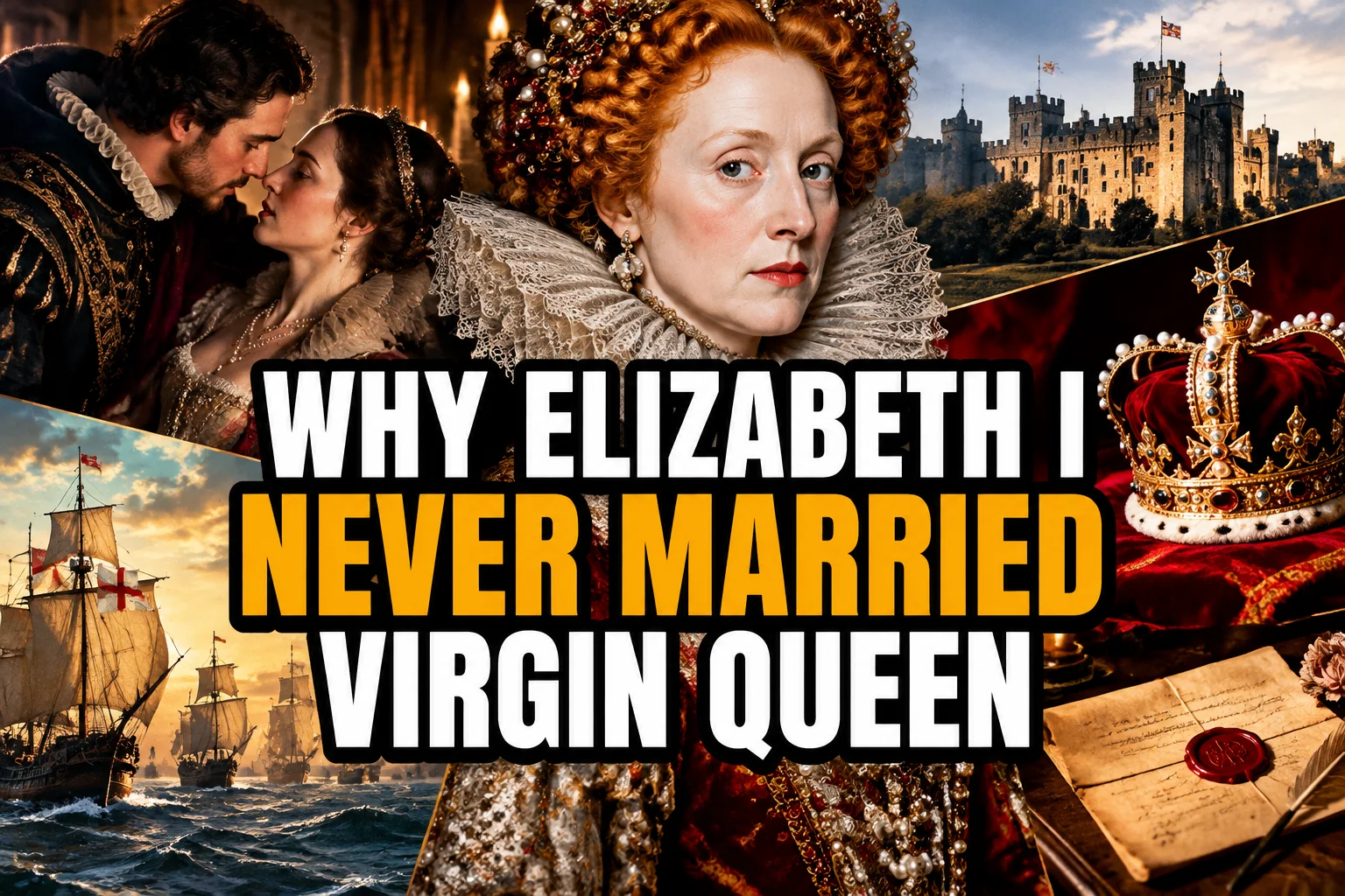A bold, high-impact blog featured image in the style of a professional YouTube thumbnail or documentary poster. Create a dramatic photo-collage montage of 3-5 distinct historical scenes, subjects, or artifacts directly relevant to "The Virgin Queen: Why Elizabeth I Never Married" — vivid, cinematic documentary-photography style, rich color grading, high contrast, dynamic diagonal composition blending the scenes together. Overlay a large, bold, stacked headline of text on top reading exactly: "WHY ELIZABETH I NEVER MARRIED VIRGIN QUEEN". Render the headline in a heavy, condensed, high-contrast font with a black outline/stroke for legibility, mixing white text with a single vibrant accent color (gold, red, or orange) on the most important word or phrase for emphasis, spelled correctly. The headline text must be the dominant visual element — large, bold, and easy to read even at small thumbnail size. Vibrant, punchy, professional commercial photography and graphic-design composition. 16:9 landscape. Keep the headline text within the vertical center safe zone, away from the very top and bottom edges of the frame, since the image may be cropped afterward. No watermarks, no logos, no extra captions or invented text beyond the headline itself.