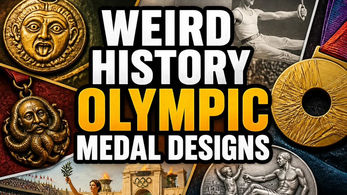 A bold, high-impact blog featured image in the style of a professional YouTube thumbnail or documentary poster. Create a dramatic photo-collage montage of 3-5 distinct historical scenes, subjects, or artifacts directly relevant to "The Weird History of Olympic Medal Designs" — vivid, cinematic documentary-photography style, rich color grading, high contrast, dynamic diagonal composition blending the scenes together. Overlay a large, bold, stacked headline of text on top reading exactly: "WEIRD HISTORY OLYMPIC MEDAL DESIGNS". Render the headline in a heavy, condensed, high-contrast font with a black outline/stroke for legibility, mixing white text with a single vibrant accent color (gold, red, or orange) on the most important word or phrase for emphasis, spelled correctly. The headline text must be the dominant visual element — large, bold, and easy to read even at small thumbnail size. Vibrant, punchy, professional commercial photography and graphic-design composition. 16:9 landscape. Keep the headline text within the vertical center safe zone, away from the very top and bottom edges of the frame, since the image may be cropped afterward. No watermarks, no logos, no extra captions or invented text beyond the headline itself.