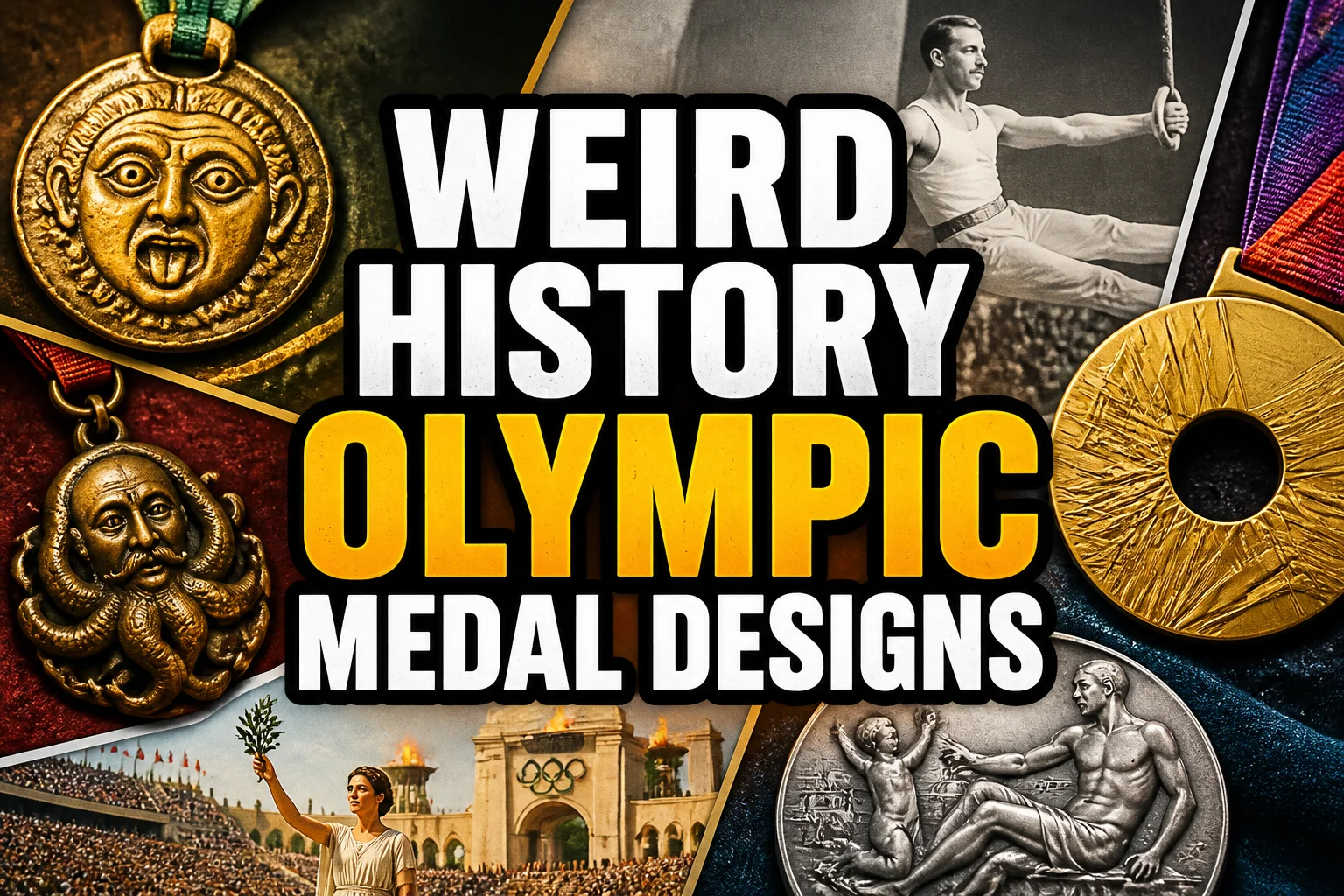 The Weird History of Olympic Medal Designs 2 A bold, high-impact blog featured image in the style of a professional YouTube thumbnail or documentary poster. Create a dramatic photo-collage montage of 3-5 distinct historical scenes, subjects, or artifacts directly relevant to "The Weird History of Olympic Medal Designs" — vivid, cinematic documentary-photography style, rich color grading, high contrast, dynamic diagonal composition blending the scenes together. Overlay a large, bold, stacked headline of text on top reading exactly: "WEIRD HISTORY OLYMPIC MEDAL DESIGNS". Render the headline in a heavy, condensed, high-contrast font with a black outline/stroke for legibility, mixing white text with a single vibrant accent color (gold, red, or orange) on the most important word or phrase for emphasis, spelled correctly. The headline text must be the dominant visual element — large, bold, and easy to read even at small thumbnail size. Vibrant, punchy, professional commercial photography and graphic-design composition. 16:9 landscape. Keep the headline text within the vertical center safe zone, away from the very top and bottom edges of the frame, since the image may be cropped afterward. No watermarks, no logos, no extra captions or invented text beyond the headline itself.