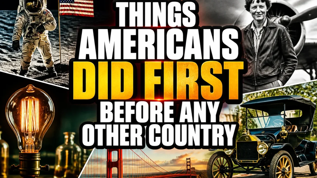 A bold, high-impact blog featured image in the style of a professional YouTube thumbnail or documentary poster. Create a dramatic photo-collage montage of 3-5 distinct historical scenes, subjects, or artifacts directly relevant to "Things Americans Did First Before Any Other Country" — vivid, cinematic documentary-photography style, rich color grading, high contrast, dynamic diagonal composition blending the scenes together. Overlay a large, bold, stacked headline of text on top reading exactly: "THINGS AMERICANS DID FIRST BEFORE ANY OTHER COUNTRY". Render the headline in a heavy, condensed, high-contrast font with a black outline/stroke for legibility, mixing white text with a single vibrant accent color (gold, red, or orange) on the most important word or phrase for emphasis, spelled correctly. The headline text must be the dominant visual element — large, bold, and easy to read even at small thumbnail size. Vibrant, punchy, professional commercial photography and graphic-design composition. 16:9 landscape. Keep the headline text within the vertical center safe zone, away from the very top and bottom edges of the frame, since the image may be cropped afterward. No watermarks, no logos, no extra captions or invented text beyond the headline itself.