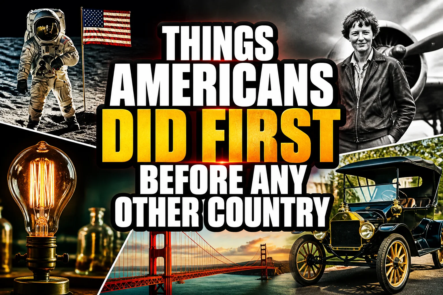 Things Americans Did First Before Any Other Country 2 A bold, high-impact blog featured image in the style of a professional YouTube thumbnail or documentary poster. Create a dramatic photo-collage montage of 3-5 distinct historical scenes, subjects, or artifacts directly relevant to "Things Americans Did First Before Any Other Country" — vivid, cinematic documentary-photography style, rich color grading, high contrast, dynamic diagonal composition blending the scenes together. Overlay a large, bold, stacked headline of text on top reading exactly: "THINGS AMERICANS DID FIRST BEFORE ANY OTHER COUNTRY". Render the headline in a heavy, condensed, high-contrast font with a black outline/stroke for legibility, mixing white text with a single vibrant accent color (gold, red, or orange) on the most important word or phrase for emphasis, spelled correctly. The headline text must be the dominant visual element — large, bold, and easy to read even at small thumbnail size. Vibrant, punchy, professional commercial photography and graphic-design composition. 16:9 landscape. Keep the headline text within the vertical center safe zone, away from the very top and bottom edges of the frame, since the image may be cropped afterward. No watermarks, no logos, no extra captions or invented text beyond the headline itself.