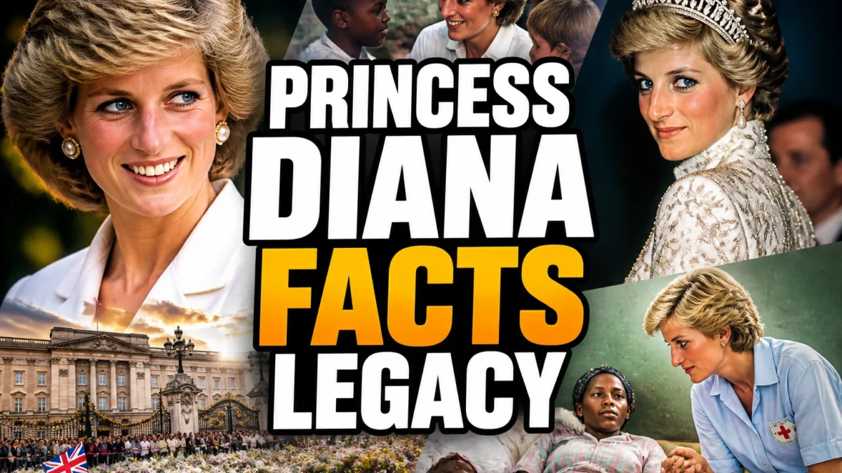 A bold, high-impact blog featured image in the style of a professional YouTube thumbnail or documentary poster. Create a dramatic photo-collage montage of 3-5 distinct historical scenes, subjects, or artifacts directly relevant to "Things To Learn About The Beloved Princess Diana" — vivid, cinematic documentary-photography style, rich color grading, high contrast, dynamic diagonal composition blending the scenes together. Overlay a large, bold, stacked headline of text on top reading exactly: "PRINCESS DIANA FACTS LEGACY". Render the headline in a heavy, condensed, high-contrast font with a black outline/stroke for legibility, mixing white text with a single vibrant accent color (gold, red, or orange) on the most important word or phrase for emphasis, spelled correctly. The headline text must be the dominant visual element — large, bold, and easy to read even at small thumbnail size. Vibrant, punchy, professional commercial photography and graphic-design composition. 16:9 landscape. Keep the headline text within the vertical center safe zone, away from the very top and bottom edges of the frame, since the image may be cropped afterward. No watermarks, no logos, no extra captions or invented text beyond the headline itself.
