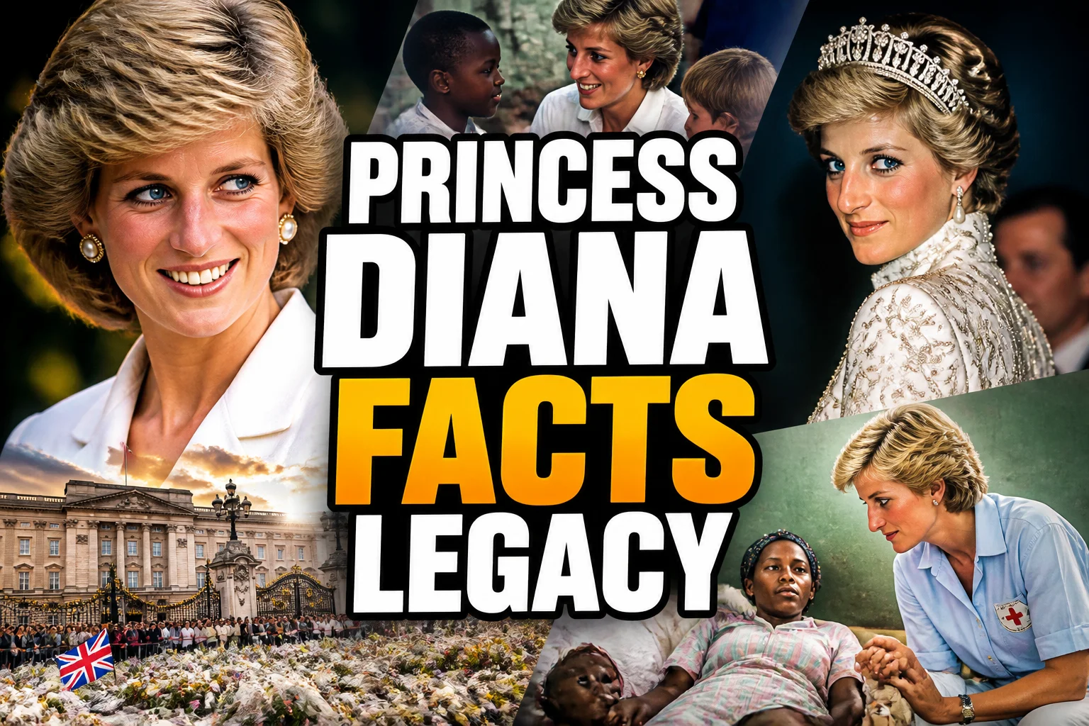 Things To Learn About The Beloved Princess Diana 2 A bold, high-impact blog featured image in the style of a professional YouTube thumbnail or documentary poster. Create a dramatic photo-collage montage of 3-5 distinct historical scenes, subjects, or artifacts directly relevant to "Things To Learn About The Beloved Princess Diana" — vivid, cinematic documentary-photography style, rich color grading, high contrast, dynamic diagonal composition blending the scenes together. Overlay a large, bold, stacked headline of text on top reading exactly: "PRINCESS DIANA FACTS LEGACY". Render the headline in a heavy, condensed, high-contrast font with a black outline/stroke for legibility, mixing white text with a single vibrant accent color (gold, red, or orange) on the most important word or phrase for emphasis, spelled correctly. The headline text must be the dominant visual element — large, bold, and easy to read even at small thumbnail size. Vibrant, punchy, professional commercial photography and graphic-design composition. 16:9 landscape. Keep the headline text within the vertical center safe zone, away from the very top and bottom edges of the frame, since the image may be cropped afterward. No watermarks, no logos, no extra captions or invented text beyond the headline itself.