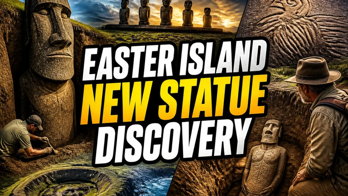 A bold, high-impact blog featured image in the style of a professional YouTube thumbnail or documentary poster. Create a dramatic photo-collage montage of 3-5 distinct historical scenes, subjects, or artifacts directly relevant to "This New Easter Island Discovery Has Left Researchers Completely Baffled" — vivid, cinematic documentary-photography style, rich color grading, high contrast, dynamic diagonal composition blending the scenes together. Overlay a large, bold, stacked headline of text on top reading exactly: "EASTER ISLAND NEW STATUE DISCOVERY". Render the headline in a heavy, condensed, high-contrast font with a black outline/stroke for legibility, mixing white text with a single vibrant accent color (gold, red, or orange) on the most important word or phrase for emphasis, spelled correctly. The headline text must be the dominant visual element — large, bold, and easy to read even at small thumbnail size. Vibrant, punchy, professional commercial photography and graphic-design composition. 16:9 landscape. Keep the headline text within the vertical center safe zone, away from the very top and bottom edges of the frame, since the image may be cropped afterward. No watermarks, no logos, no extra captions or invented text beyond the headline itself.