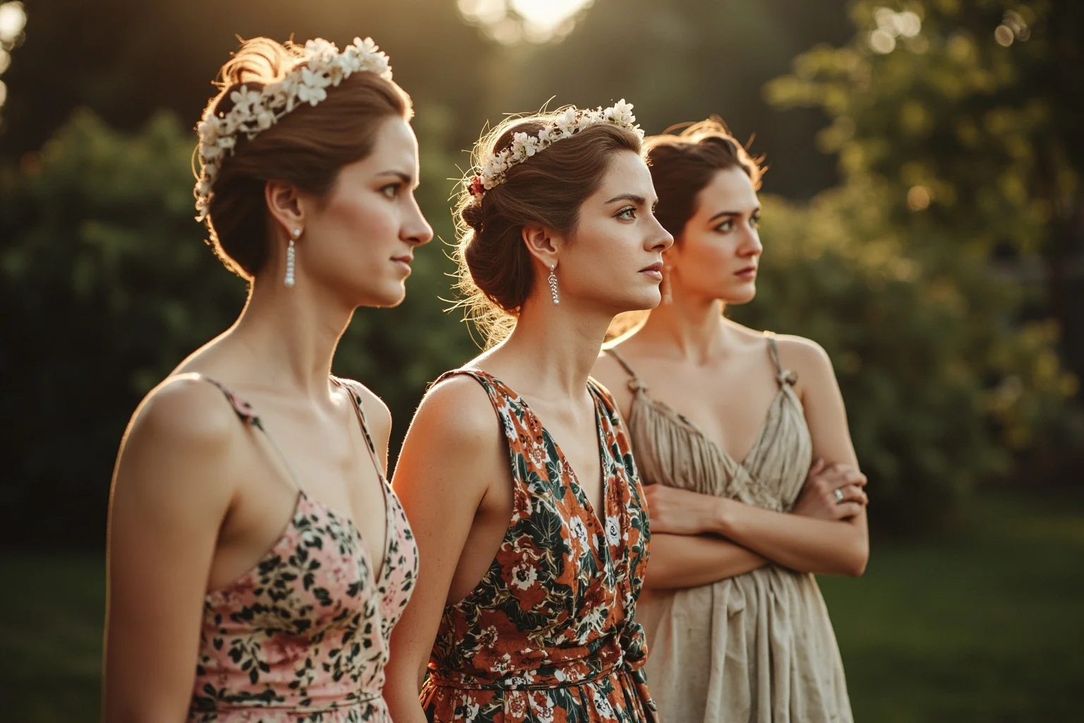 Three Roman noblewomen in elegant dresses in a garden, classical fresco style, soft light