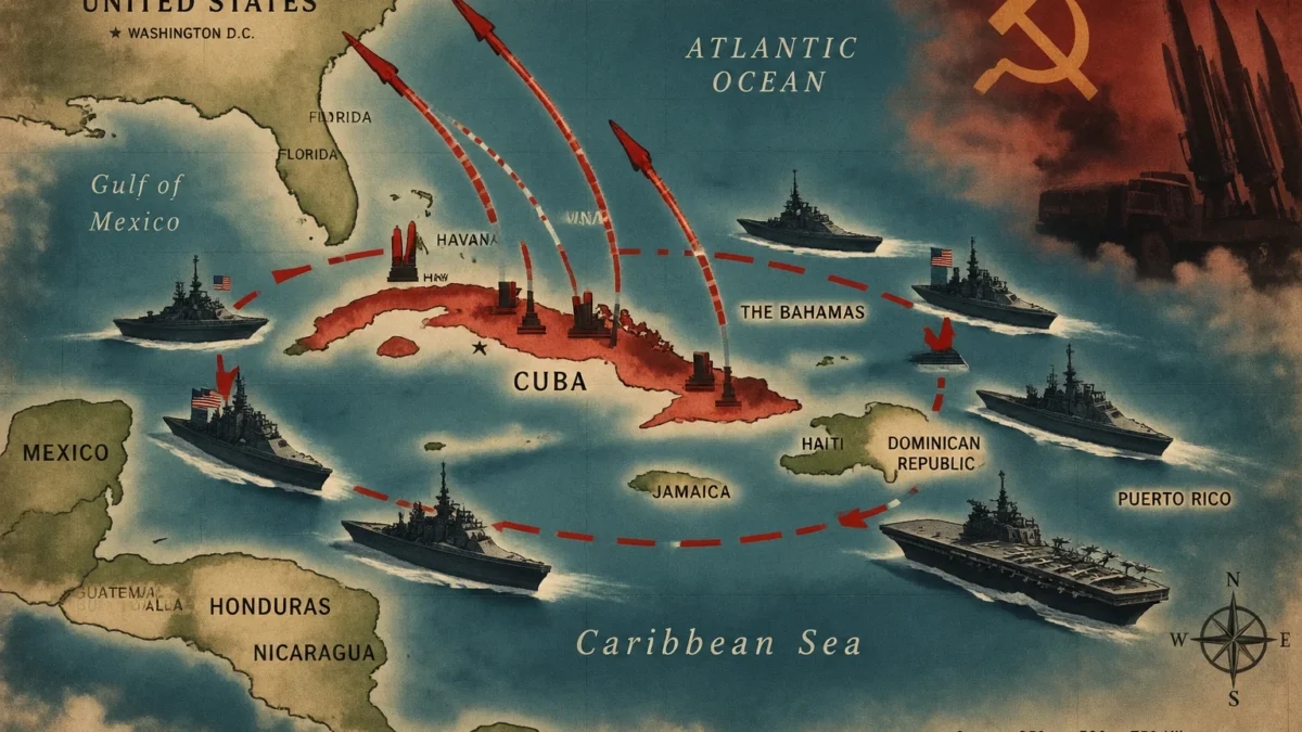Vintage map of the Caribbean with naval blockade ships and missile trajectories drawn in red, tense Cold War atmosphere, muted colors