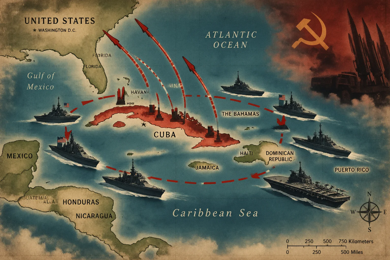 Vintage map of the Caribbean with naval blockade ships and missile trajectories drawn in red, tense Cold War atmosphere, muted colors
