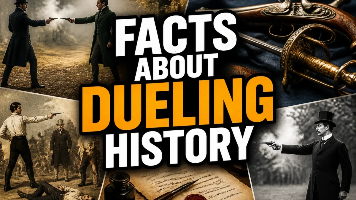 A bold, high-impact blog featured image in the style of a professional YouTube thumbnail or documentary poster. Create a dramatic photo-collage montage of 3-5 distinct historical scenes, subjects, or artifacts directly relevant to "To the Death: 20 Fascinating Facts About Dueling Throughout History" — vivid, cinematic documentary-photography style, rich color grading, high contrast, dynamic diagonal composition blending the scenes together. Overlay a large, bold, stacked headline of text on top reading exactly: "FACTS ABOUT DUELING HISTORY". Render the headline in a heavy, condensed, high-contrast font with a black outline/stroke for legibility, mixing white text with a single vibrant accent color (gold, red, or orange) on the most important word or phrase for emphasis, spelled correctly. The headline text must be the dominant visual element — large, bold, and easy to read even at small thumbnail size. Vibrant, punchy, professional commercial photography and graphic-design composition. 16:9 landscape. Keep the headline text within the vertical center safe zone, away from the very top and bottom edges of the frame, since the image may be cropped afterward. No watermarks, no logos, no extra captions or invented text beyond the headline itself.