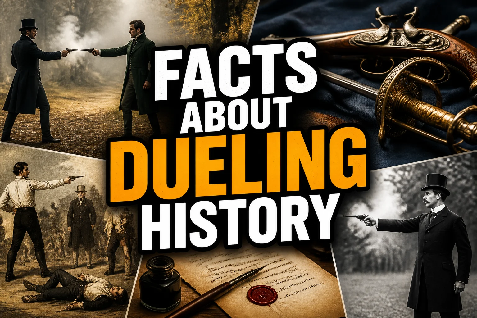 A bold, high-impact blog featured image in the style of a professional YouTube thumbnail or documentary poster. Create a dramatic photo-collage montage of 3-5 distinct historical scenes, subjects, or artifacts directly relevant to "To the Death: 20 Fascinating Facts About Dueling Throughout History" — vivid, cinematic documentary-photography style, rich color grading, high contrast, dynamic diagonal composition blending the scenes together. Overlay a large, bold, stacked headline of text on top reading exactly: "FACTS ABOUT DUELING HISTORY". Render the headline in a heavy, condensed, high-contrast font with a black outline/stroke for legibility, mixing white text with a single vibrant accent color (gold, red, or orange) on the most important word or phrase for emphasis, spelled correctly. The headline text must be the dominant visual element — large, bold, and easy to read even at small thumbnail size. Vibrant, punchy, professional commercial photography and graphic-design composition. 16:9 landscape. Keep the headline text within the vertical center safe zone, away from the very top and bottom edges of the frame, since the image may be cropped afterward. No watermarks, no logos, no extra captions or invented text beyond the headline itself.