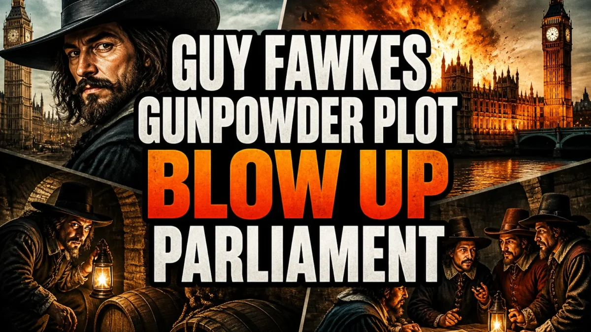 A bold, high-impact blog featured image in the style of a professional YouTube thumbnail or documentary poster. Create a dramatic photo-collage montage of 3-5 distinct historical scenes, subjects, or artifacts directly relevant to "Today in History: Guy Fawkes and the Gunpowder Plot to Blow Up Parliament" — vivid, cinematic documentary-photography style, rich color grading, high contrast, dynamic diagonal composition blending the scenes together. Overlay a large, bold, stacked headline of text on top reading exactly: "GUY FAWKES GUNPOWDER PLOT BLOW UP PARLIAMENT". Render the headline in a heavy, condensed, high-contrast font with a black outline/stroke for legibility, mixing white text with a single vibrant accent color (gold, red, or orange) on the most important word or phrase for emphasis, spelled correctly. The headline text must be the dominant visual element — large, bold, and easy to read even at small thumbnail size. Vibrant, punchy, professional commercial photography and graphic-design composition. 16:9 landscape. Keep the headline text within the vertical center safe zone, away from the very top and bottom edges of the frame, since the image may be cropped afterward. No watermarks, no logos, no extra captions or invented text beyond the headline itself.