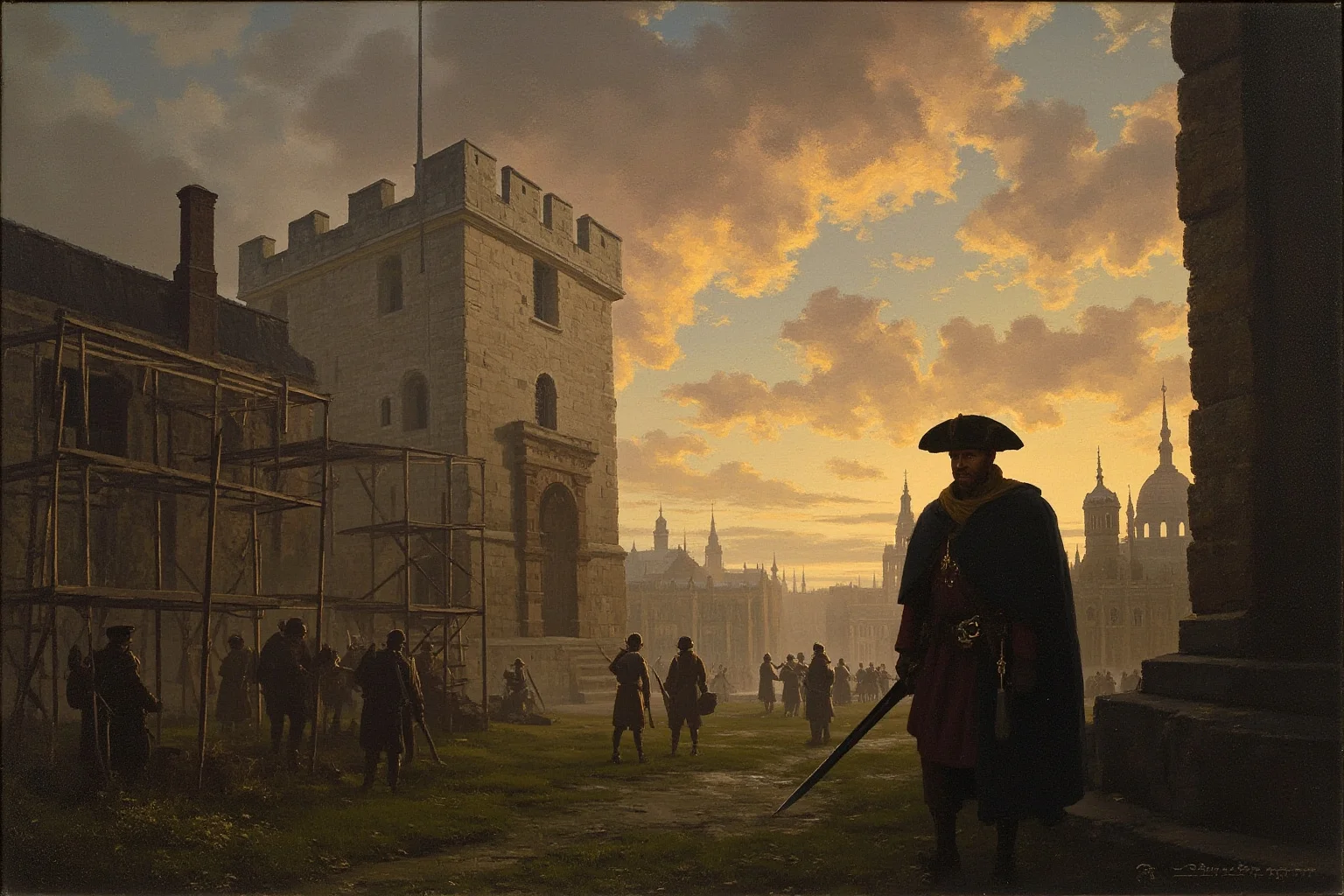 20 Facts About Anne Boleyn: Myths, History and Real Life 19 Tower Green at dawn with a scaffold, the chapel of St Peter ad Vincula in the background, and a swordsman's silhouette, solemn historical illustration